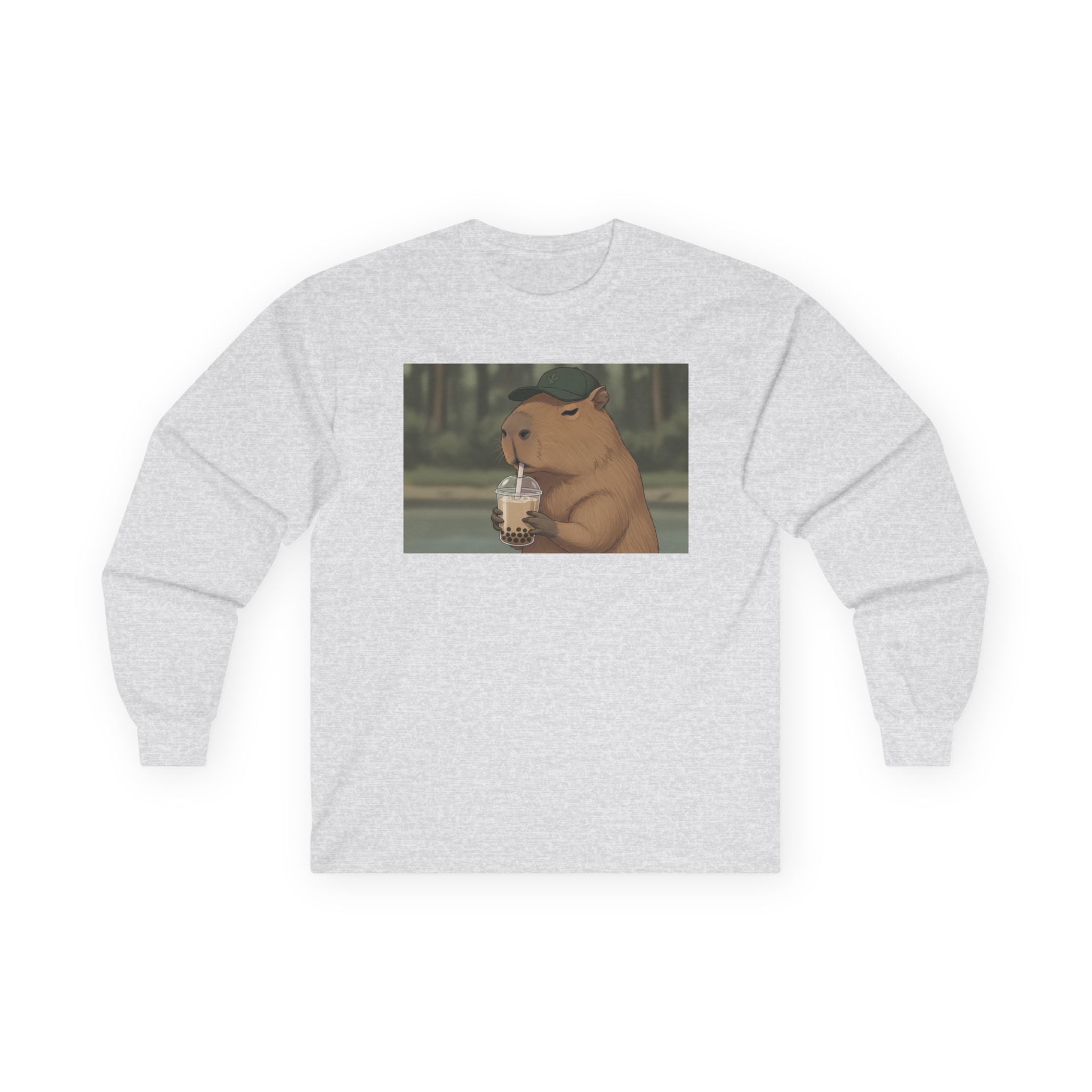Capybara Drinking Boba Tea Long Sleeve Tee — Cozy Capybara Animal Graphic Shirt - Adult