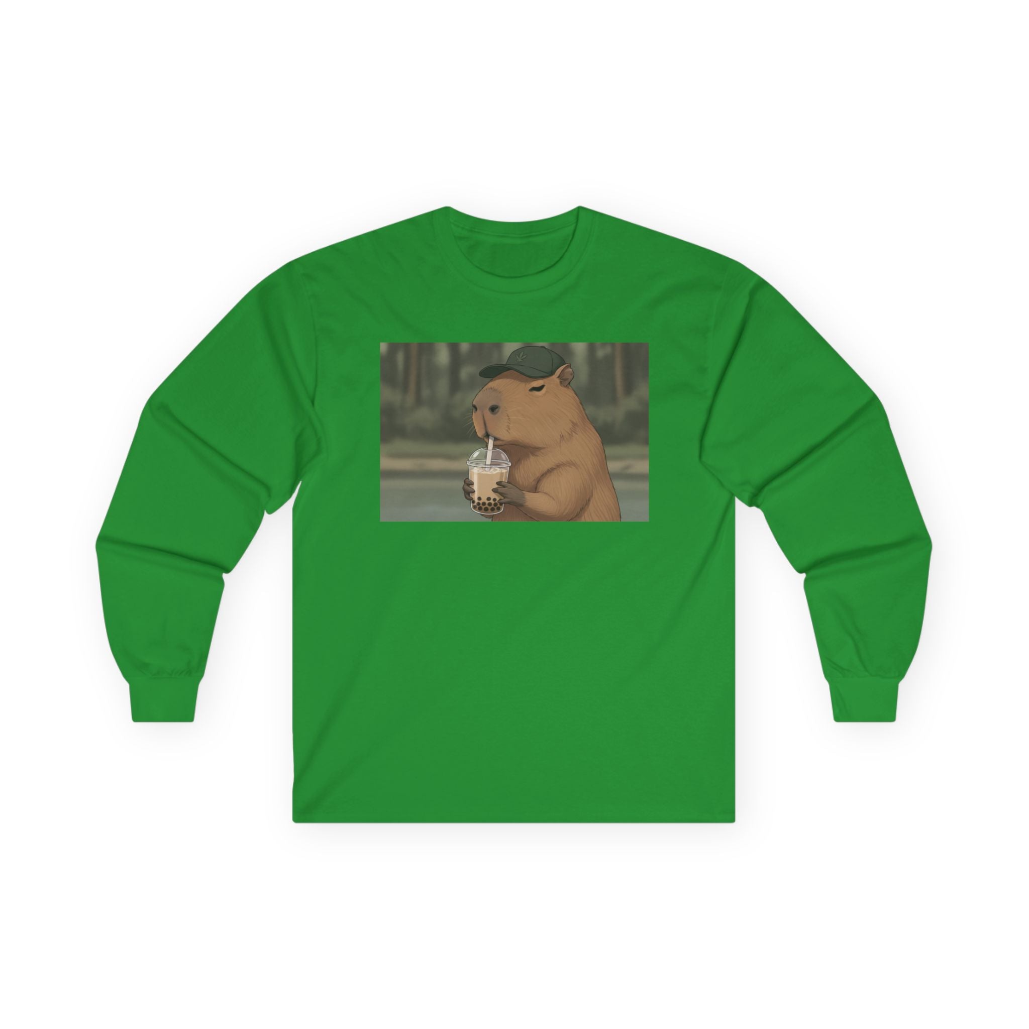 Capybara Drinking Boba Tea Long Sleeve Tee — Cozy Capybara Animal Graphic Shirt - Adult