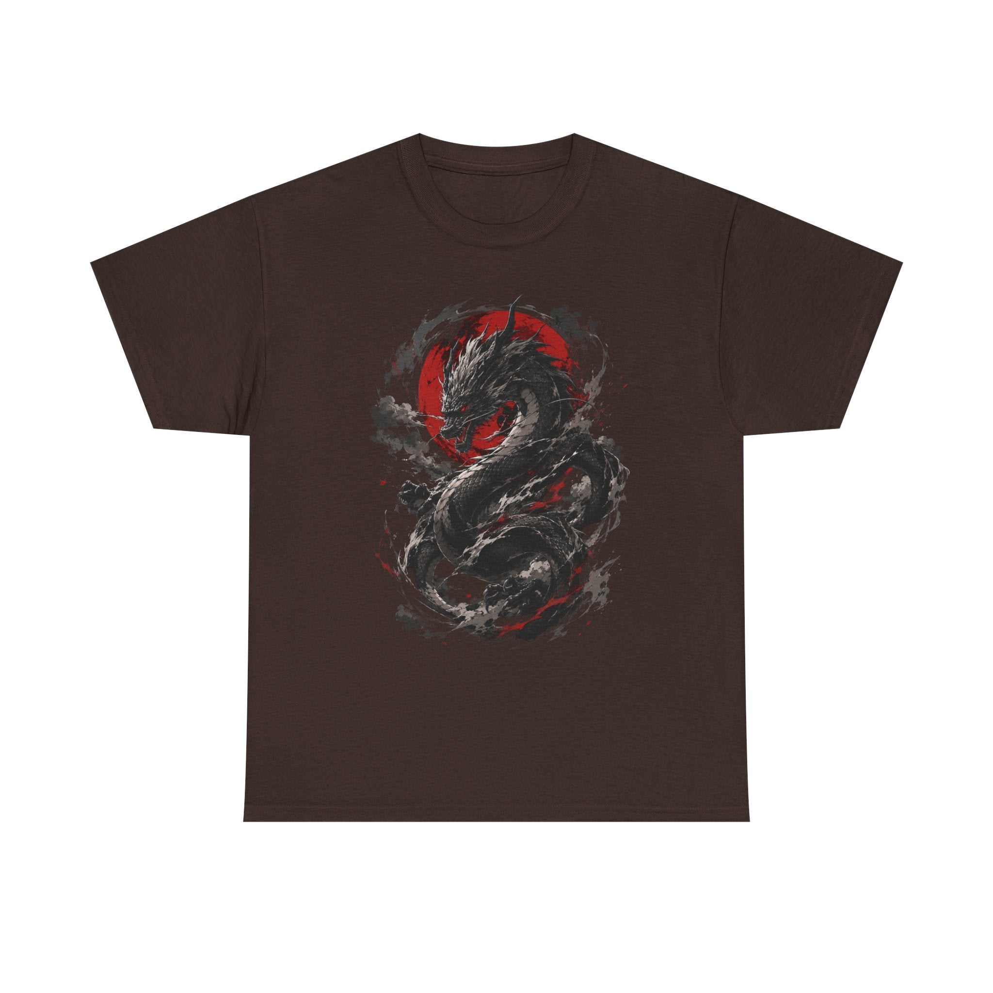 Dragon Moon T‑Shirt — Black Ink Serpent with Red Sun Graphic - Adult