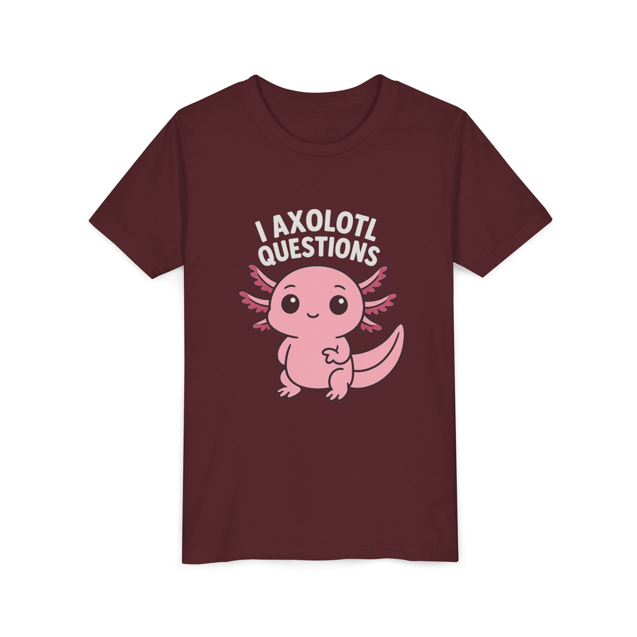 Youth Tee — Cute Pink Axolotl “Axolotl Questions” Kids Shirt
