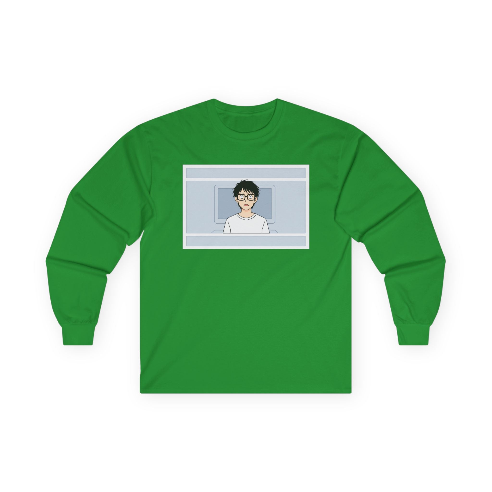 Clueless Otaku Guy Long Sleeve Tee — Minimalist Window Portrait Graphic - Adult