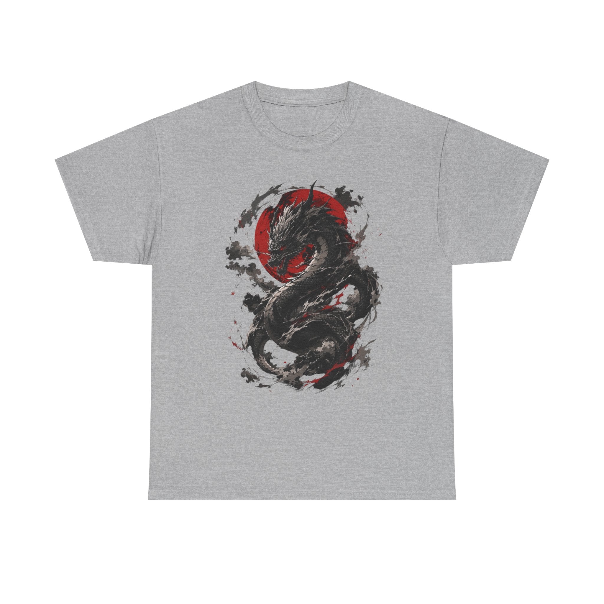 Dragon Moon T‑Shirt — Black Ink Serpent with Red Sun Graphic - Adult