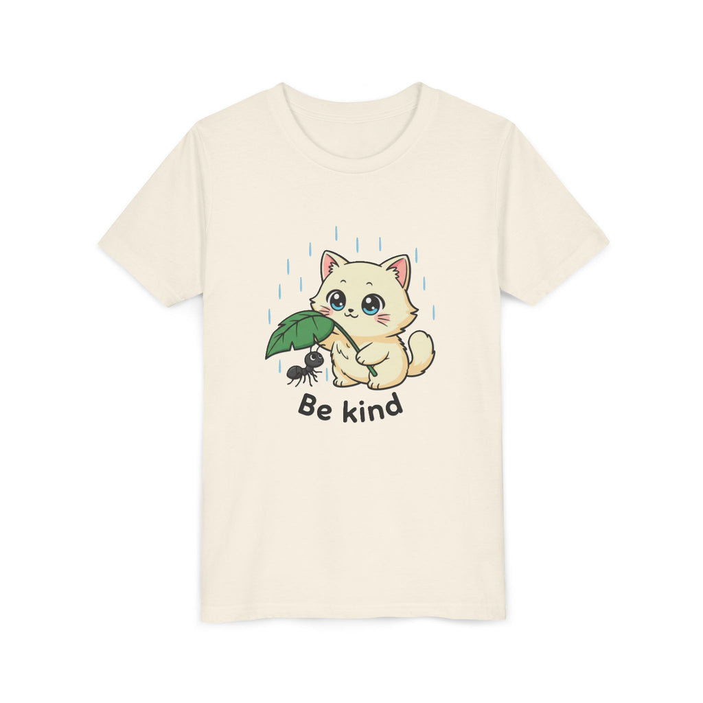 Youth Tee — Cute Kitten Holding Leak Umbrella over Ant with 'Be Kind' Message - Kids