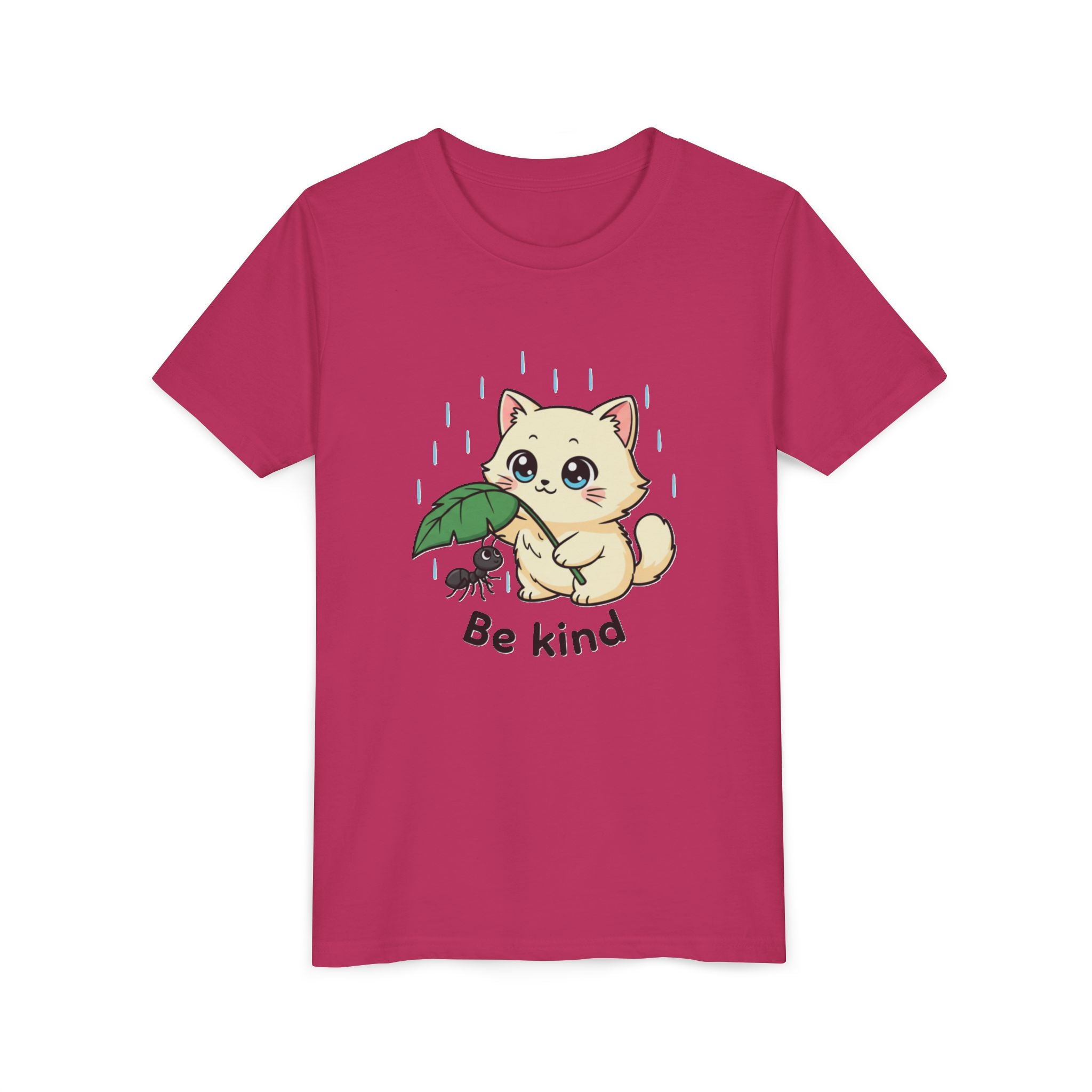 Youth Tee — Cute Kitten Holding Leak Umbrella over Ant with 'Be Kind' Message - Kids