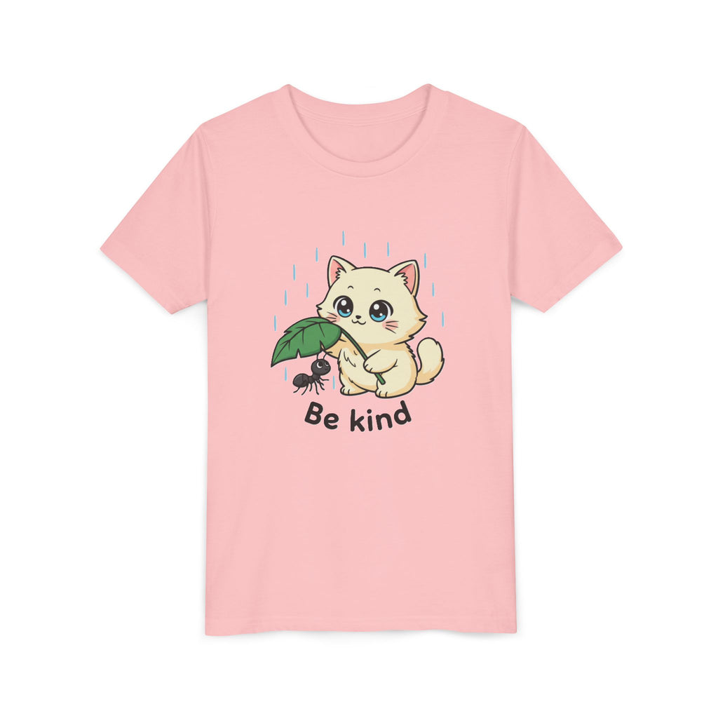Youth Tee — Cute Kitten Holding Leak Umbrella over Ant with 'Be Kind' Message - Kids