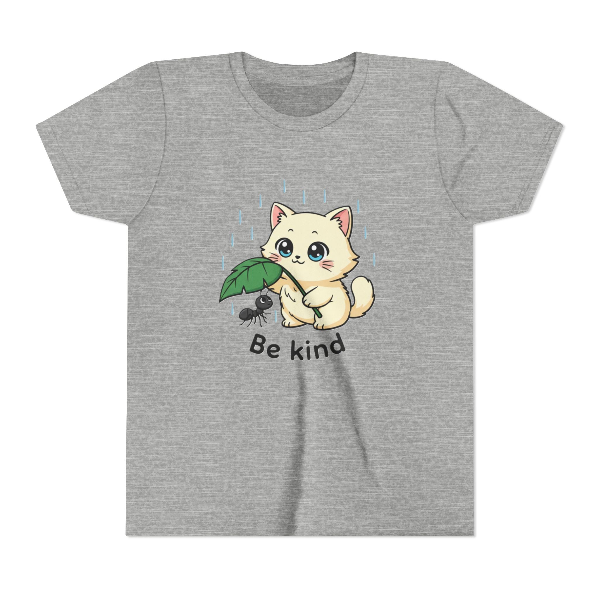 Youth Tee — Cute Kitten Holding Leak Umbrella over Ant with 'Be Kind' Message - Kids