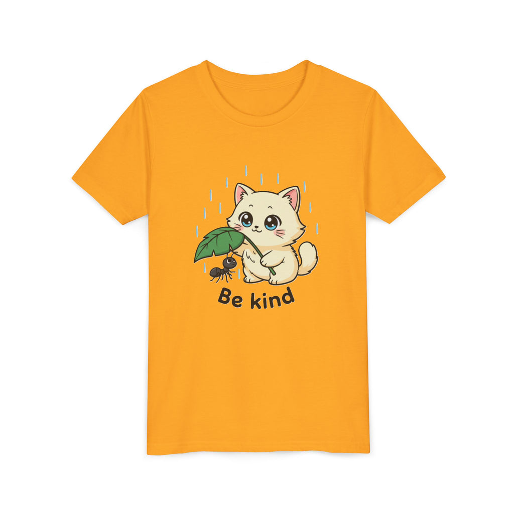 Youth Tee — Cute Kitten Holding Leak Umbrella over Ant with 'Be Kind' Message - Kids