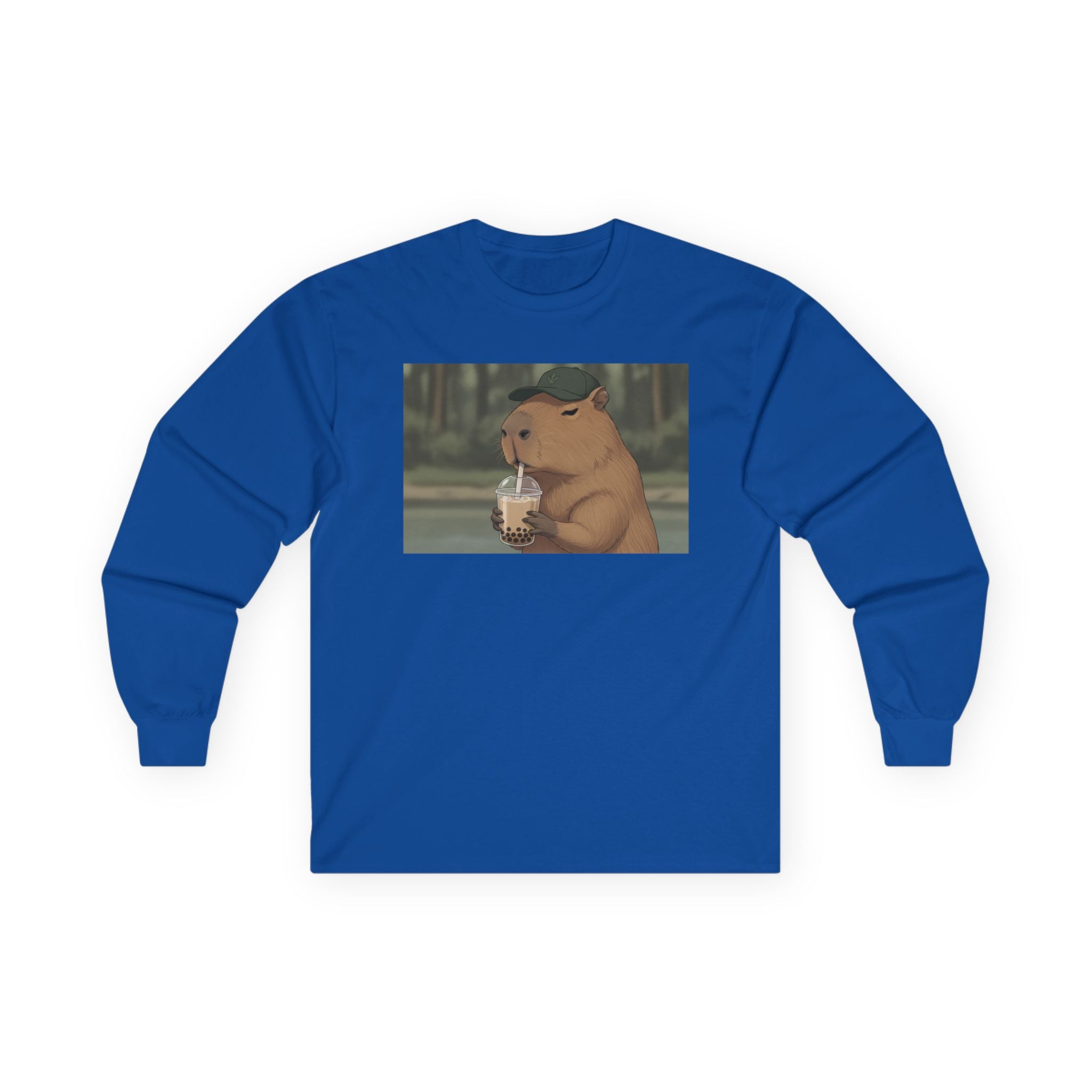 Capybara Drinking Boba Tea Long Sleeve Tee — Cozy Capybara Animal Graphic Shirt - Adult