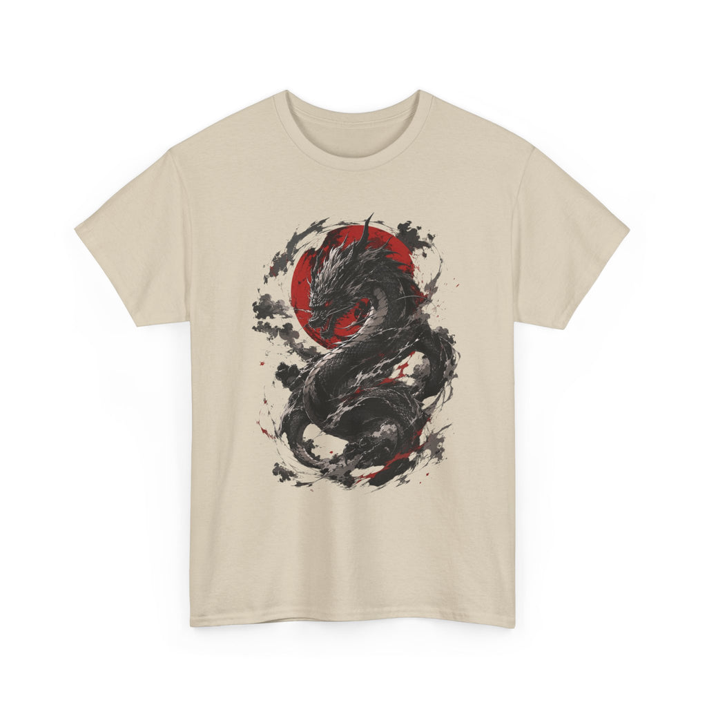 Dragon Moon T‑Shirt — Black Ink Serpent with Red Sun Graphic - Adult