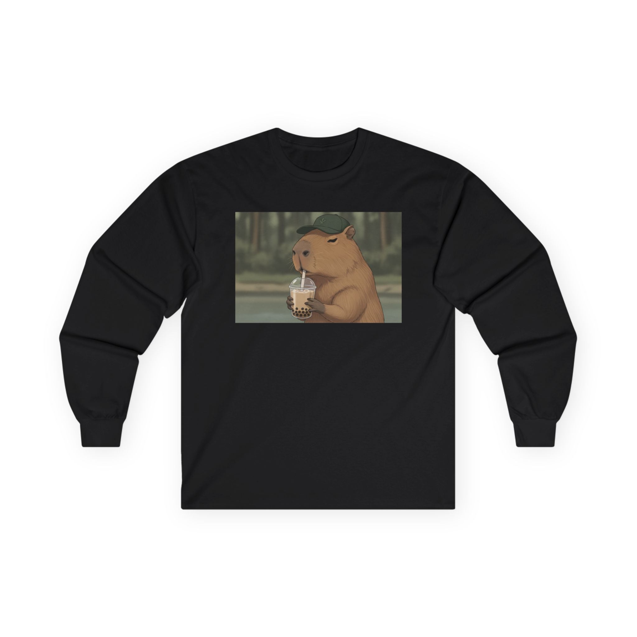 Capybara Drinking Boba Tea Long Sleeve Tee — Cozy Capybara Animal Graphic Shirt - Adult