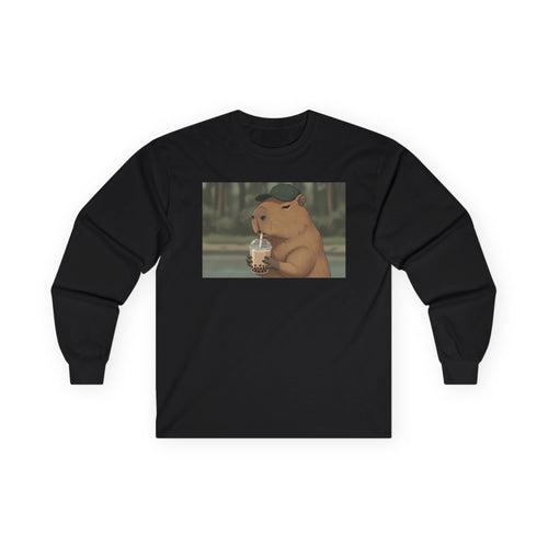 Capybara Drinking Boba Tea Long Sleeve Tee — Cozy Capybara Animal Graphic Shirt - Adult