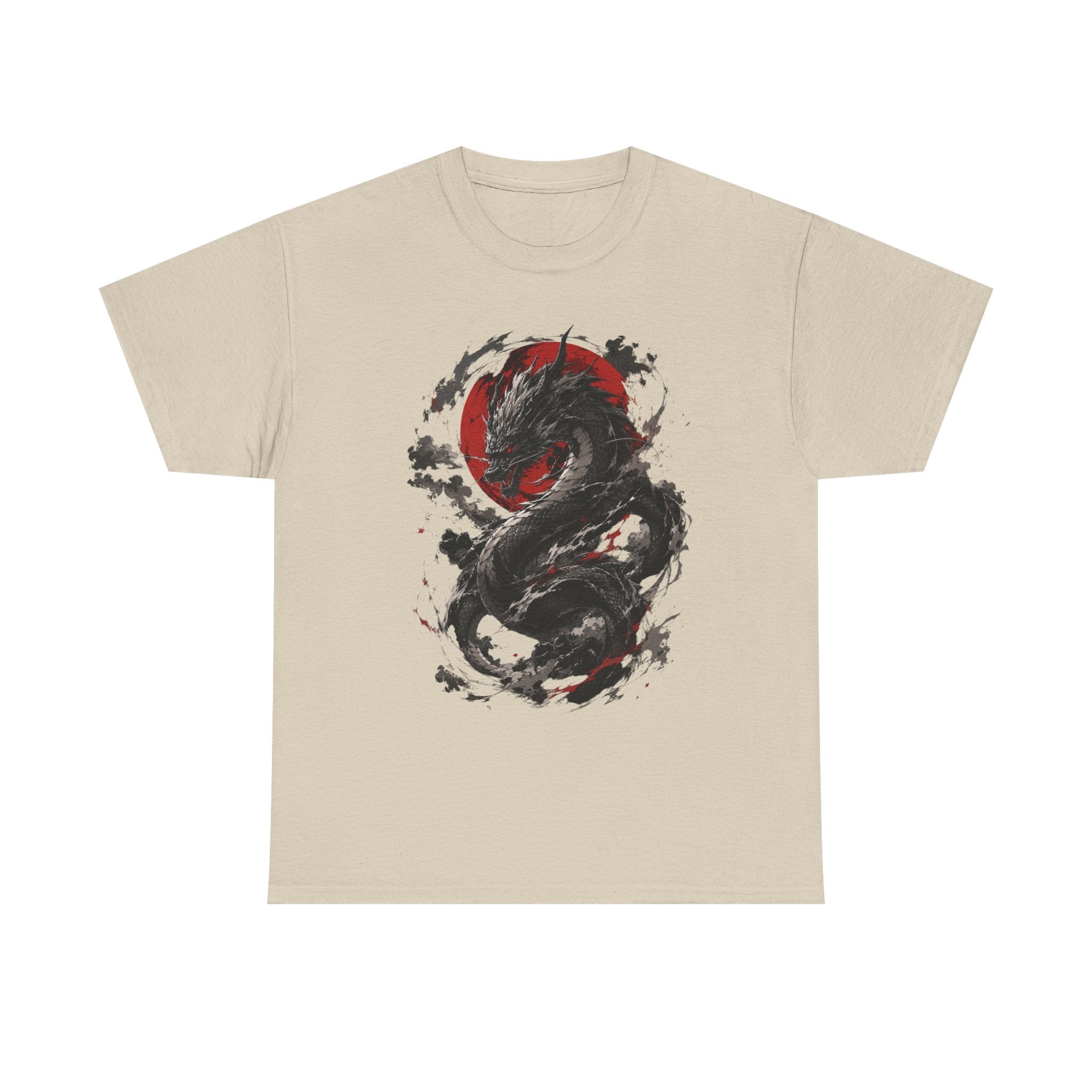 Dragon Moon T‑Shirt — Black Ink Serpent with Red Sun Graphic - Adult