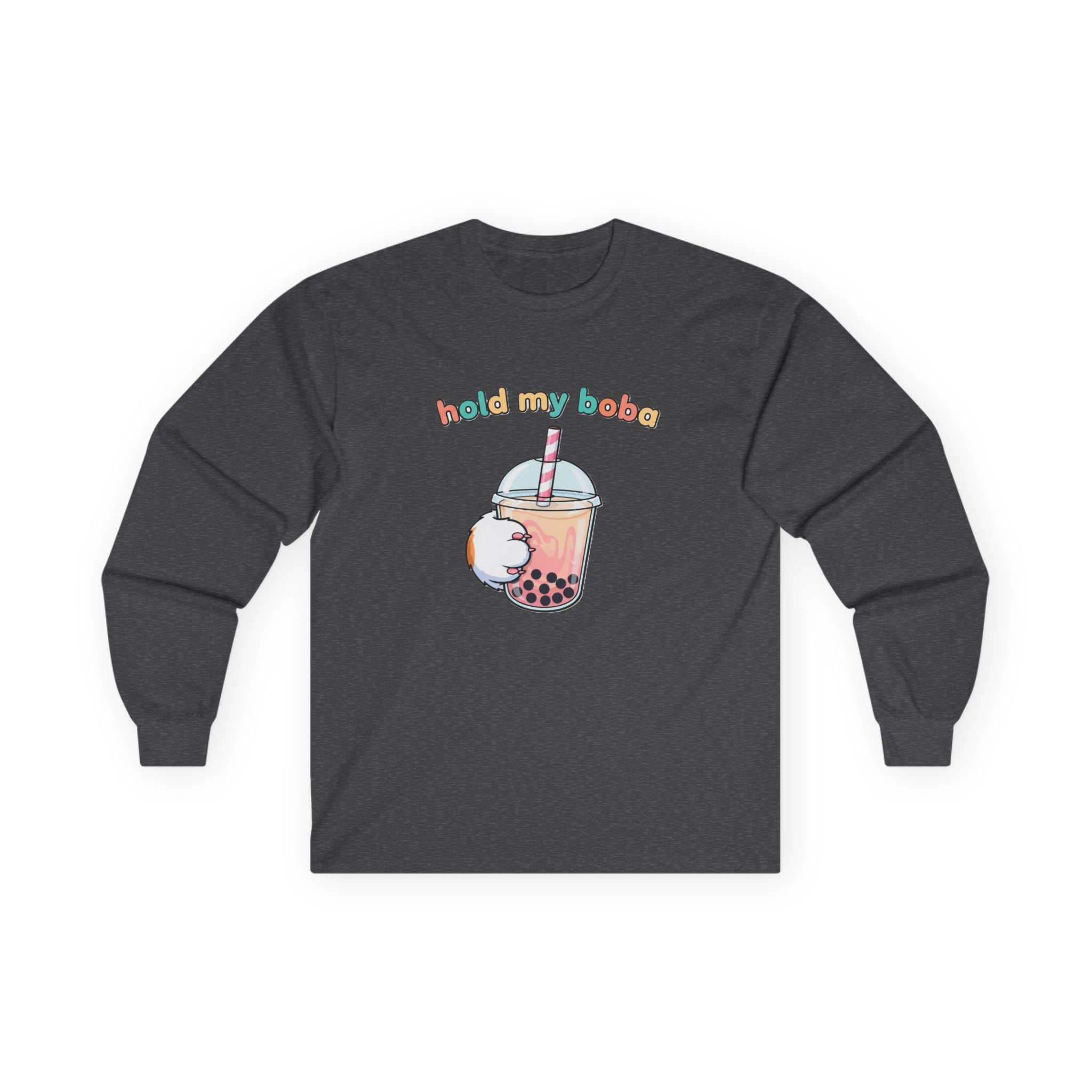 Boba Cat Long Sleeve Tee — "Hold My Boba" Cute Bubble Tea Shirt - Adult