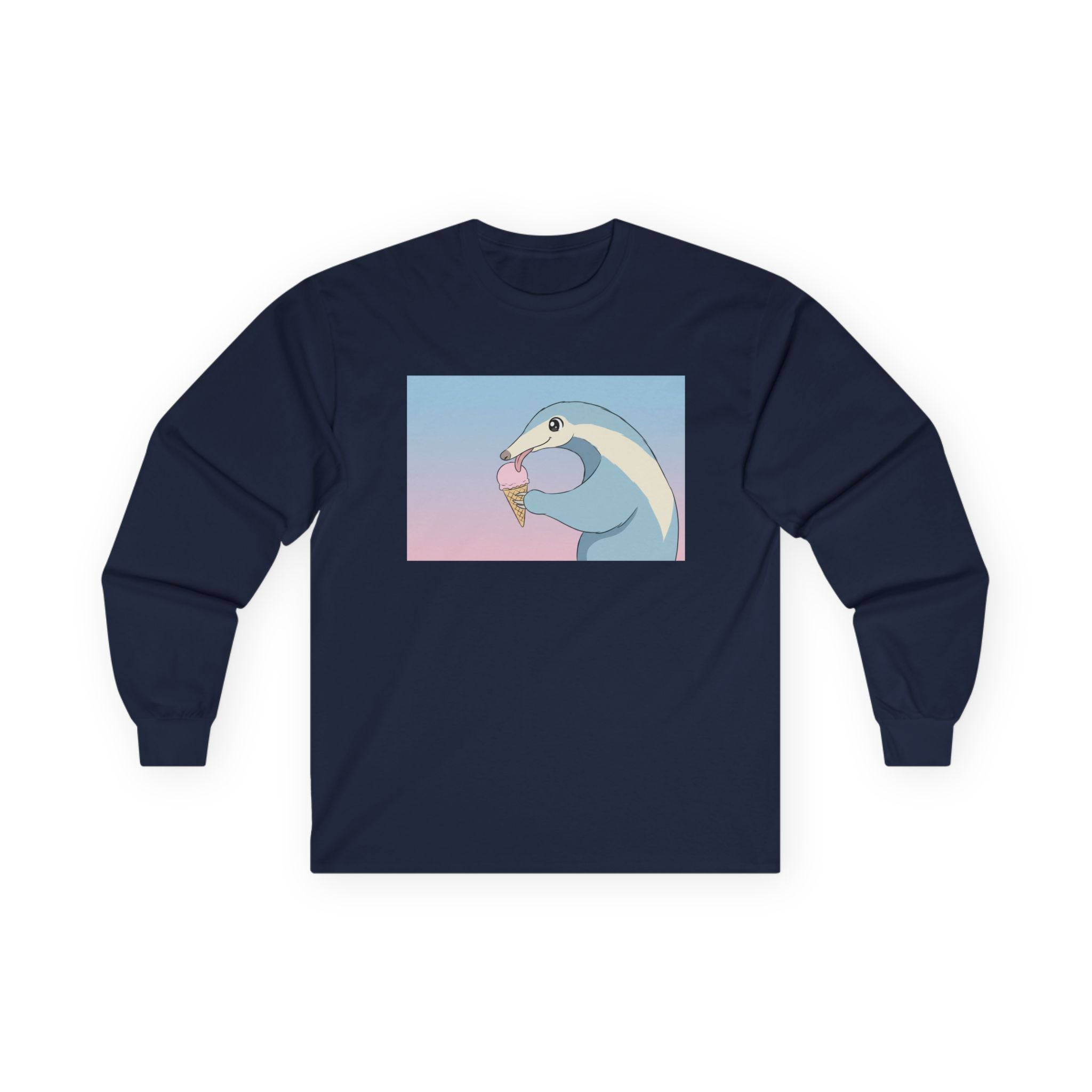 Anteater Eating Ice Cream Long Sleeve Tee — Cute Pastel Anteater Graphic Shirt - Adult