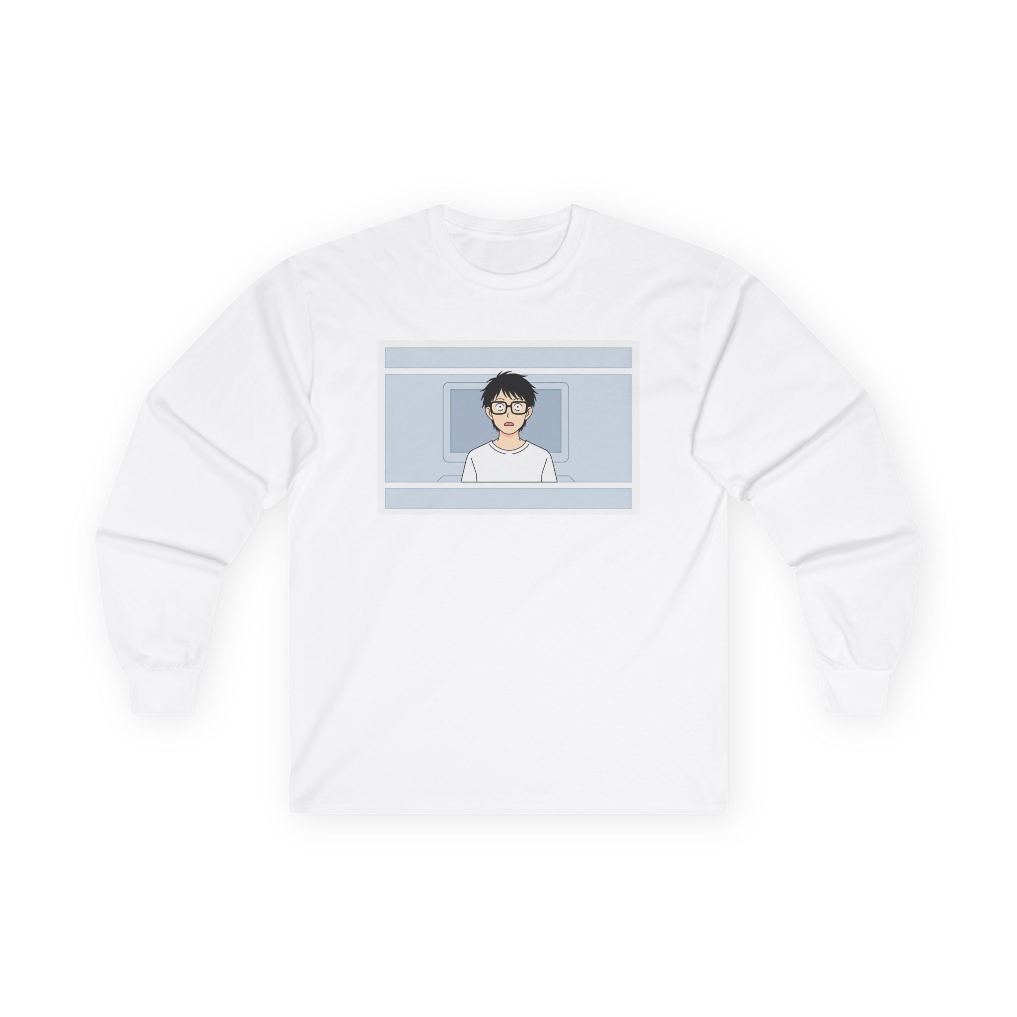 Clueless Otaku Guy Long Sleeve Tee — Minimalist Window Portrait Graphic - Adult