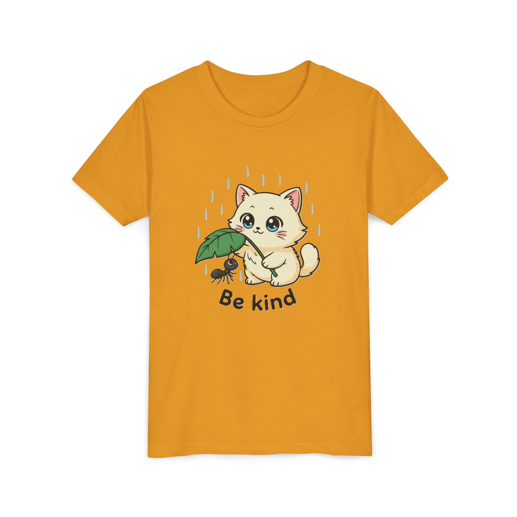 Youth Tee — Cute Kitten Holding Leak Umbrella over Ant with 'Be Kind' Message - Kids
