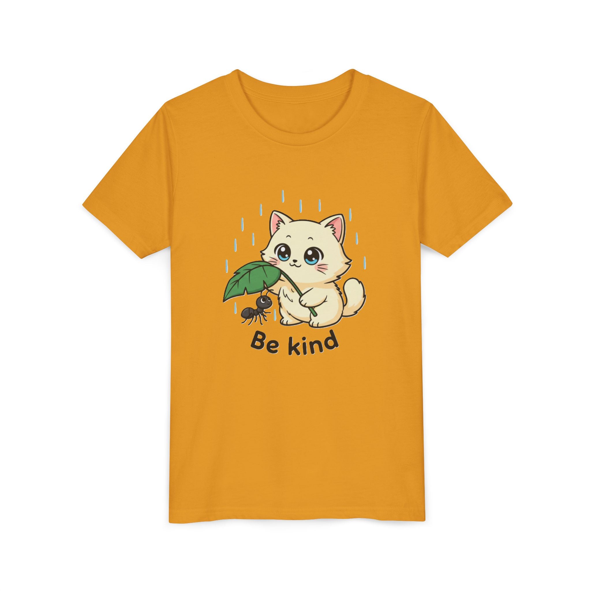 Youth Tee — Cute Kitten Holding Leak Umbrella over Ant with 'Be Kind' Message - Kids