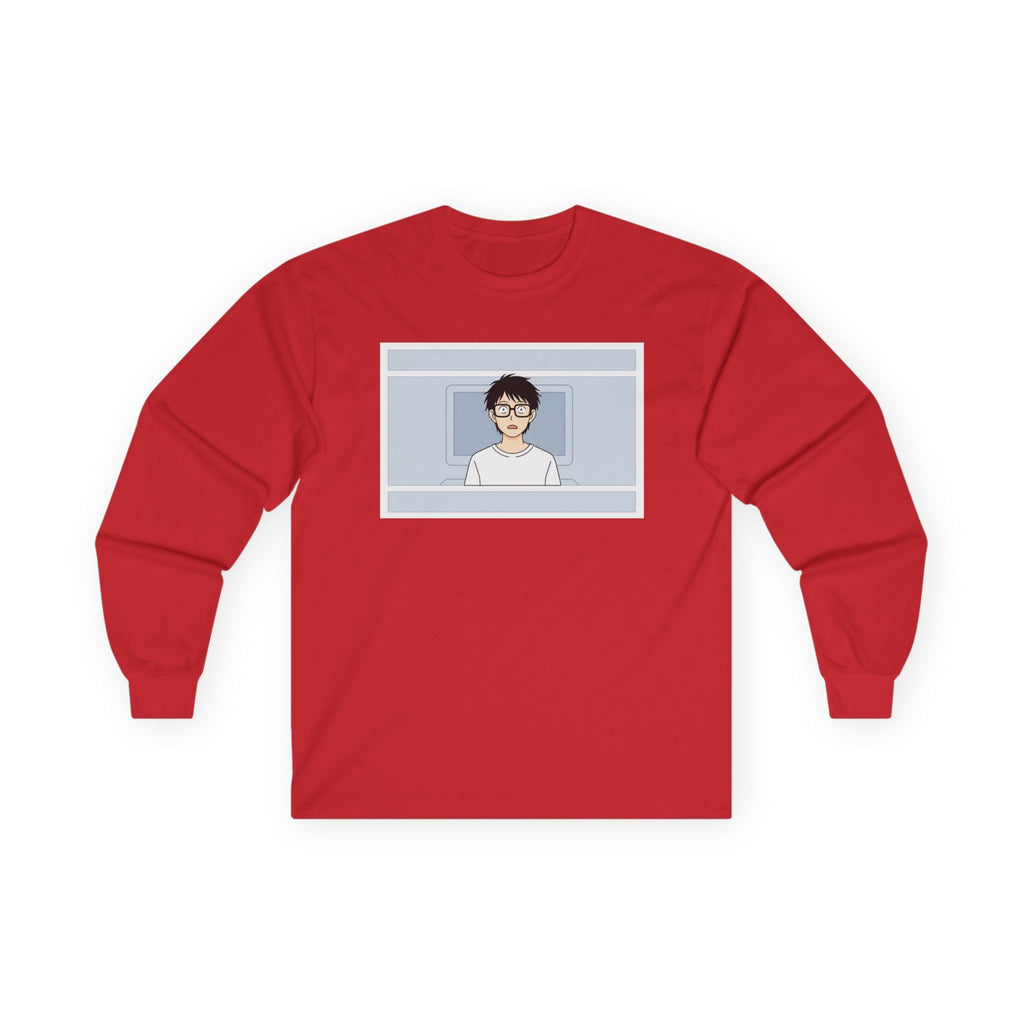 Clueless Otaku Guy Long Sleeve Tee — Minimalist Window Portrait Graphic - Adult