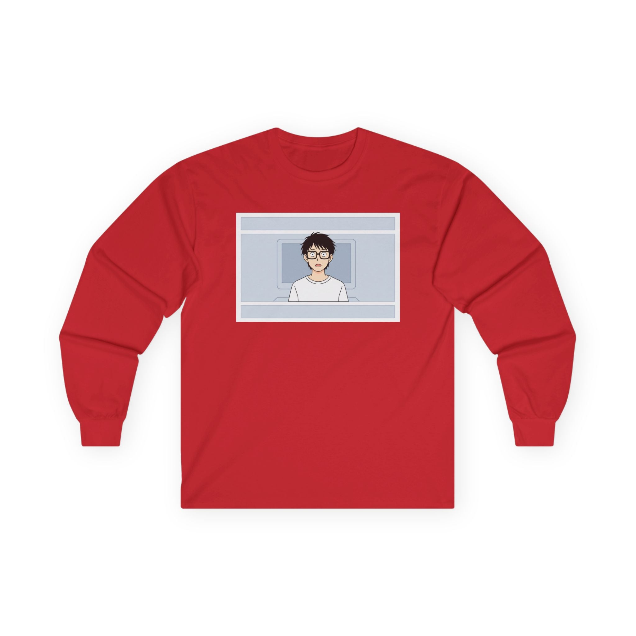 Clueless Otaku Guy Long Sleeve Tee — Minimalist Window Portrait Graphic - Adult