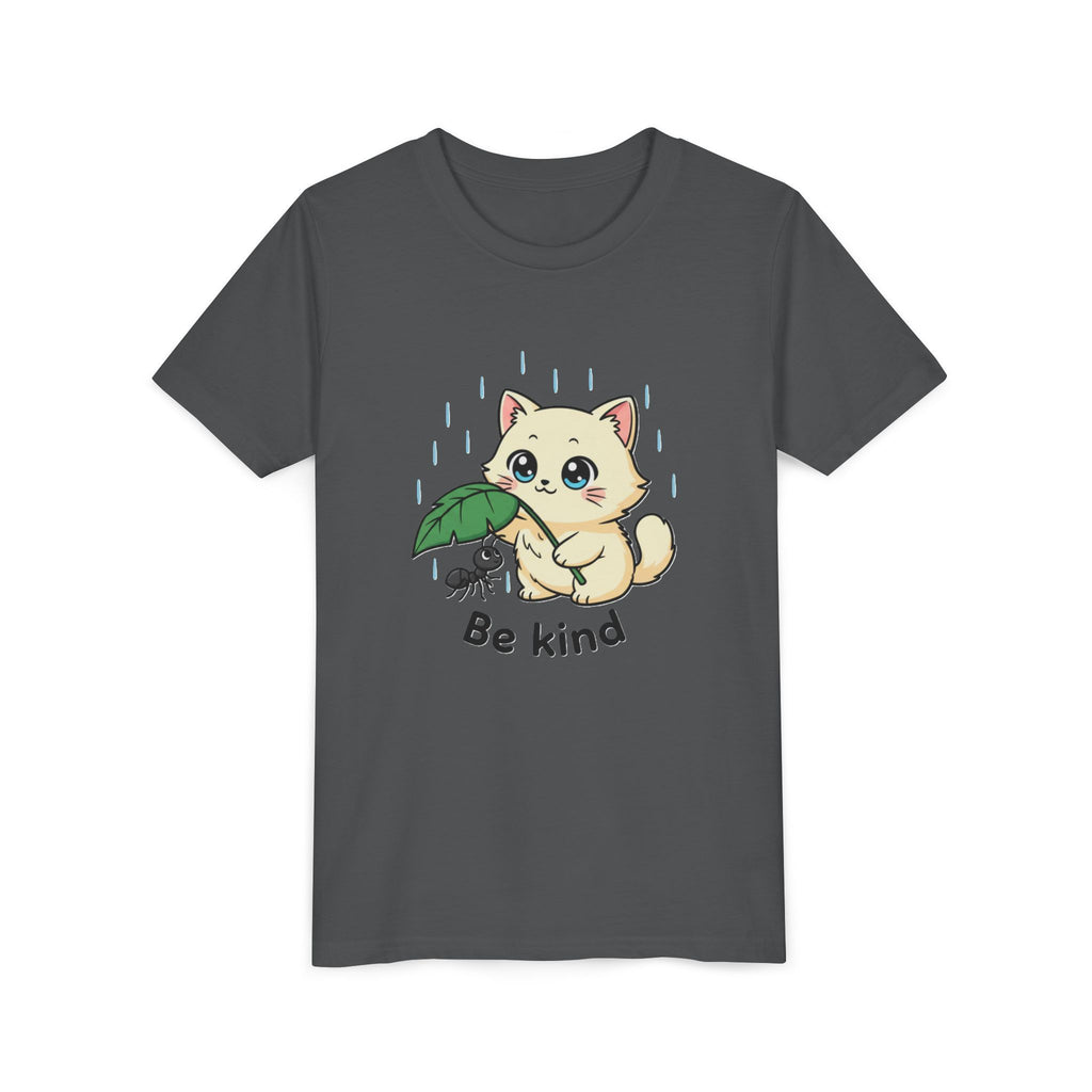 Youth Tee — Cute Kitten Holding Leak Umbrella over Ant with 'Be Kind' Message - Kids
