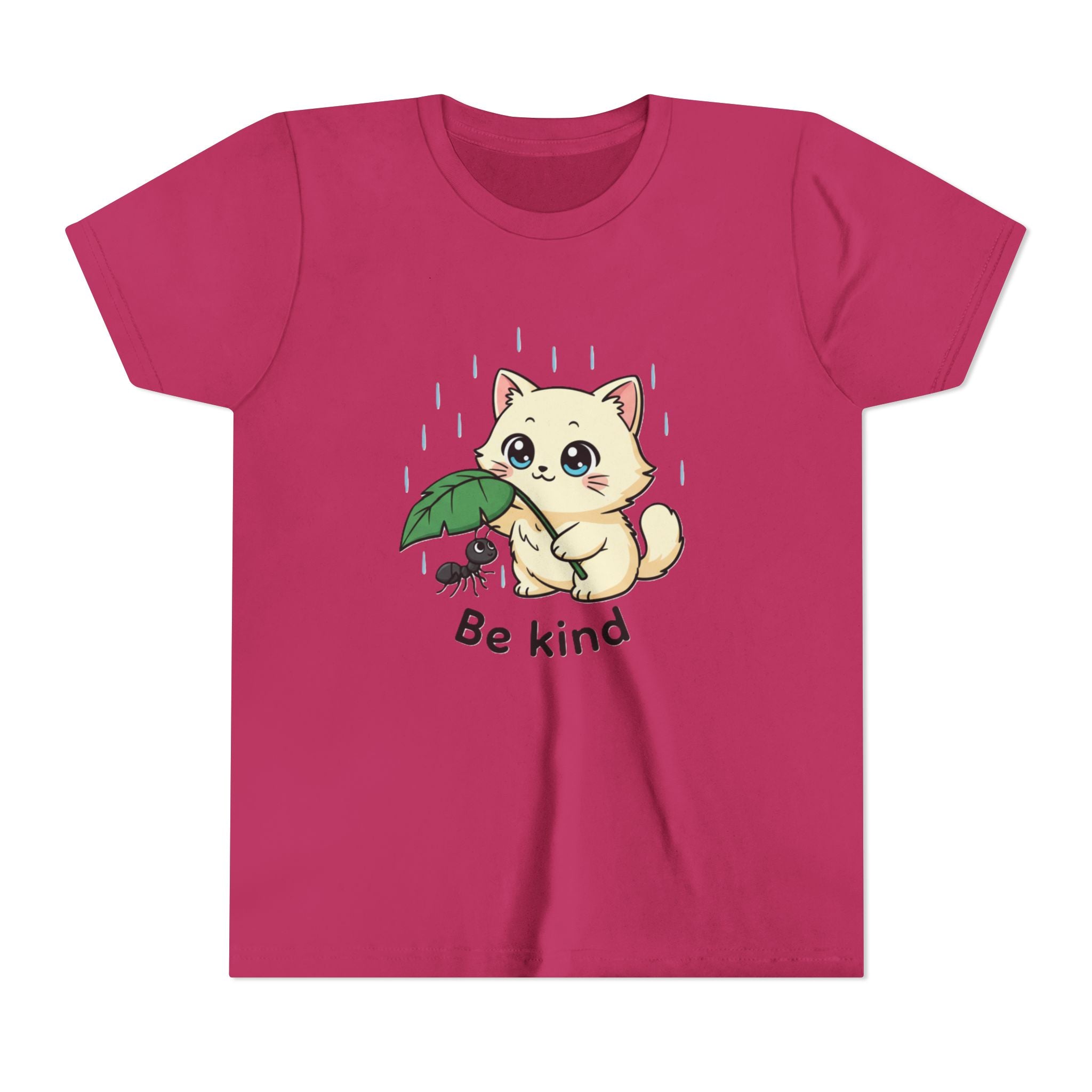 Youth Tee — Cute Kitten Holding Leak Umbrella over Ant with 'Be Kind' Message - Kids