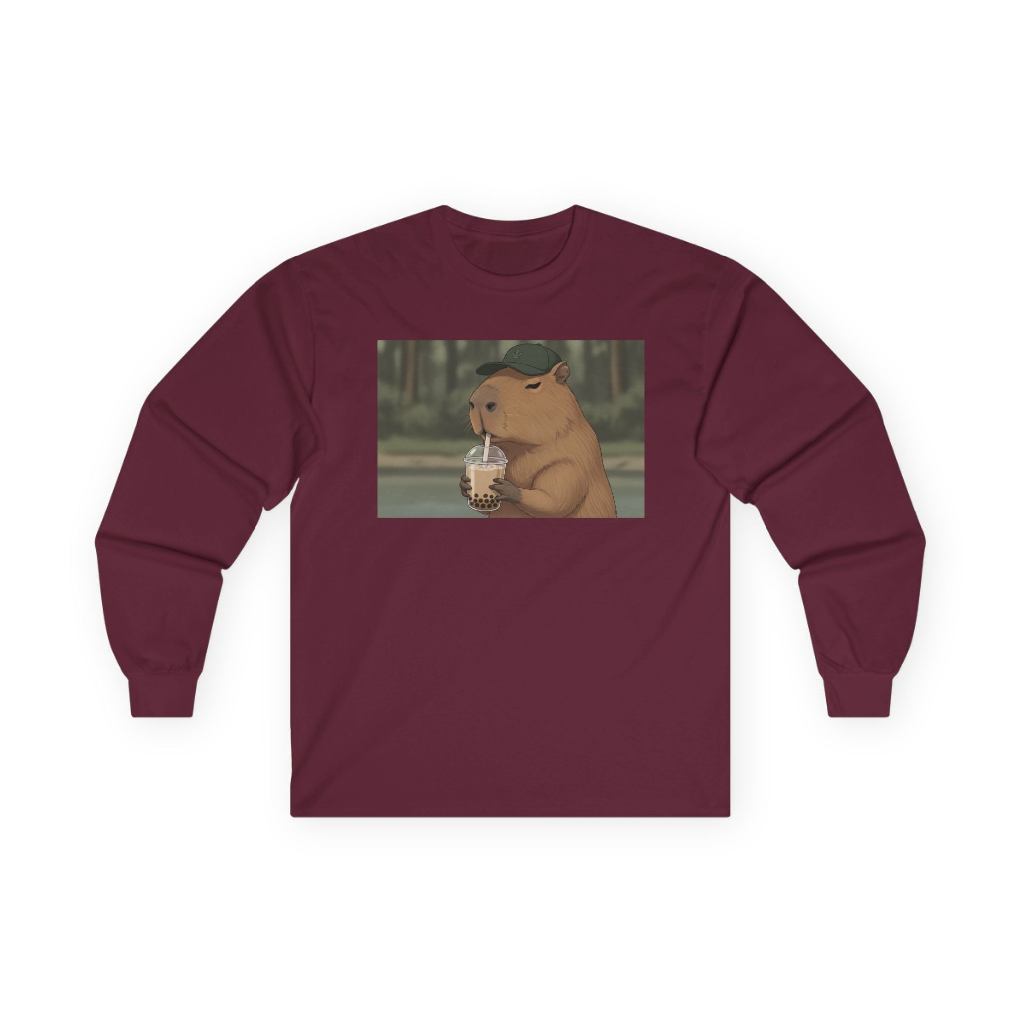 Capybara Drinking Boba Tea Long Sleeve Tee — Cozy Capybara Animal Graphic Shirt - Adult