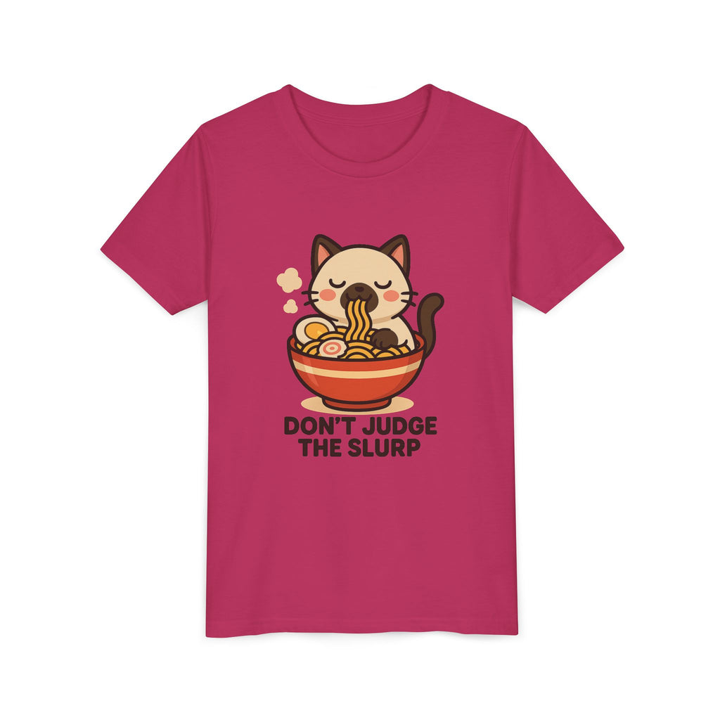 Youth Tee — Cute Cat Eating Ramen 'Don't Judge The Slurp' Graphic Shirt