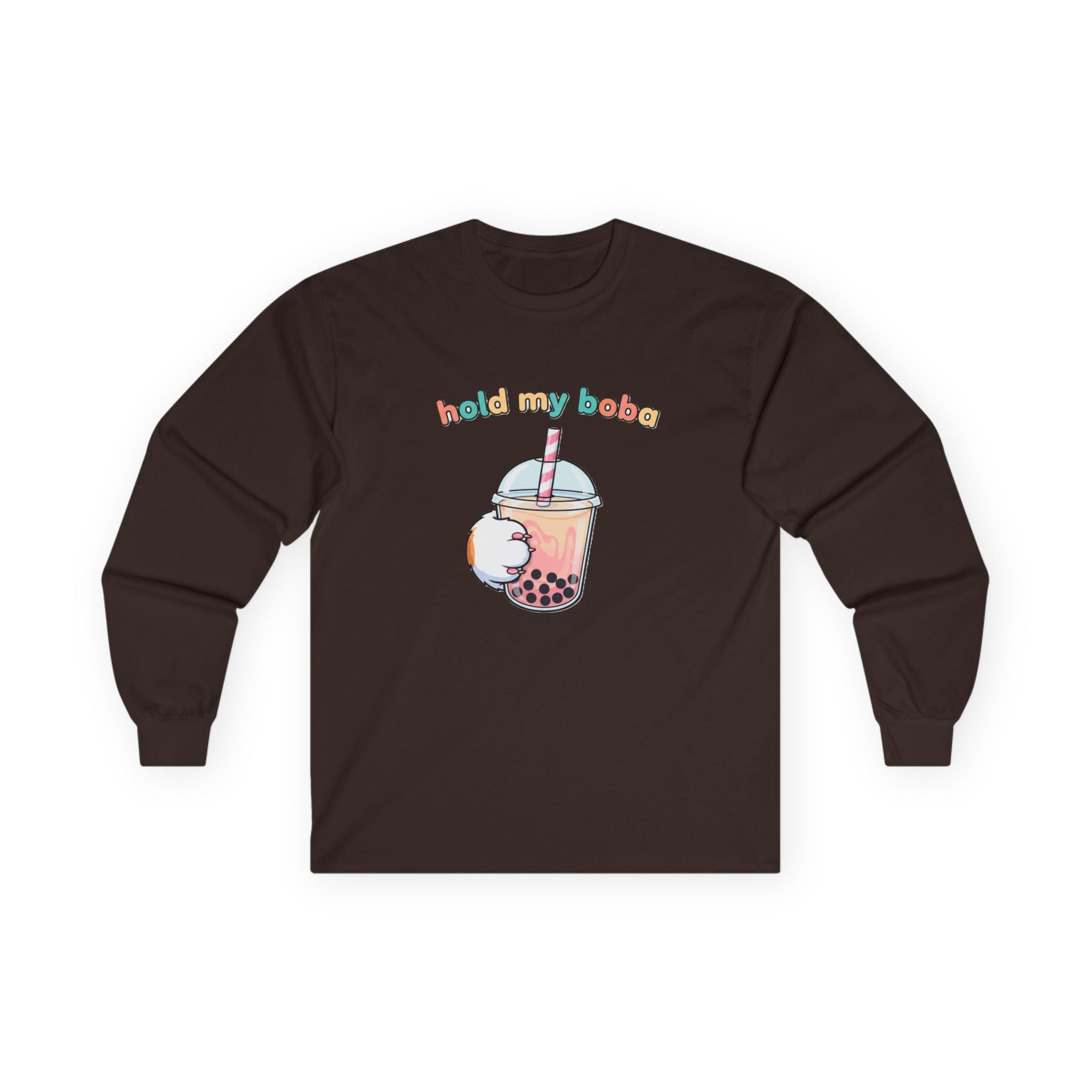 Boba Cat Long Sleeve Tee — "Hold My Boba" Cute Bubble Tea Shirt - Adult