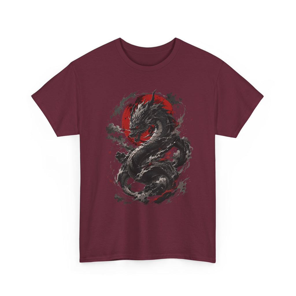 Dragon Moon T‑Shirt — Black Ink Serpent with Red Sun Graphic - Adult