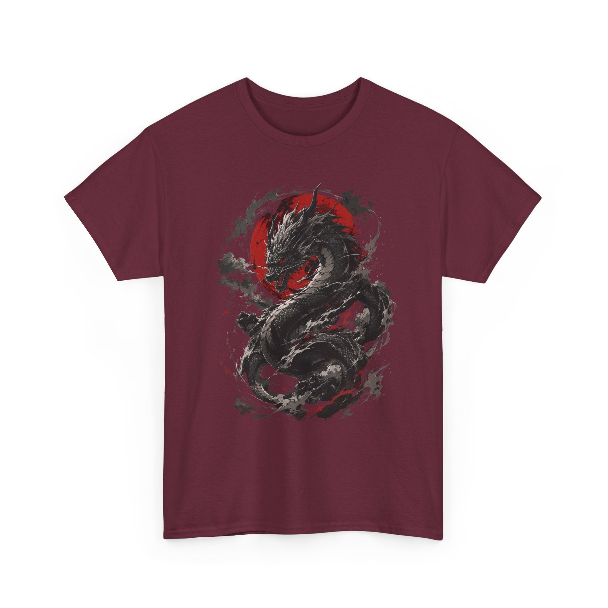 Dragon Moon T‑Shirt — Black Ink Serpent with Red Sun Graphic - Adult