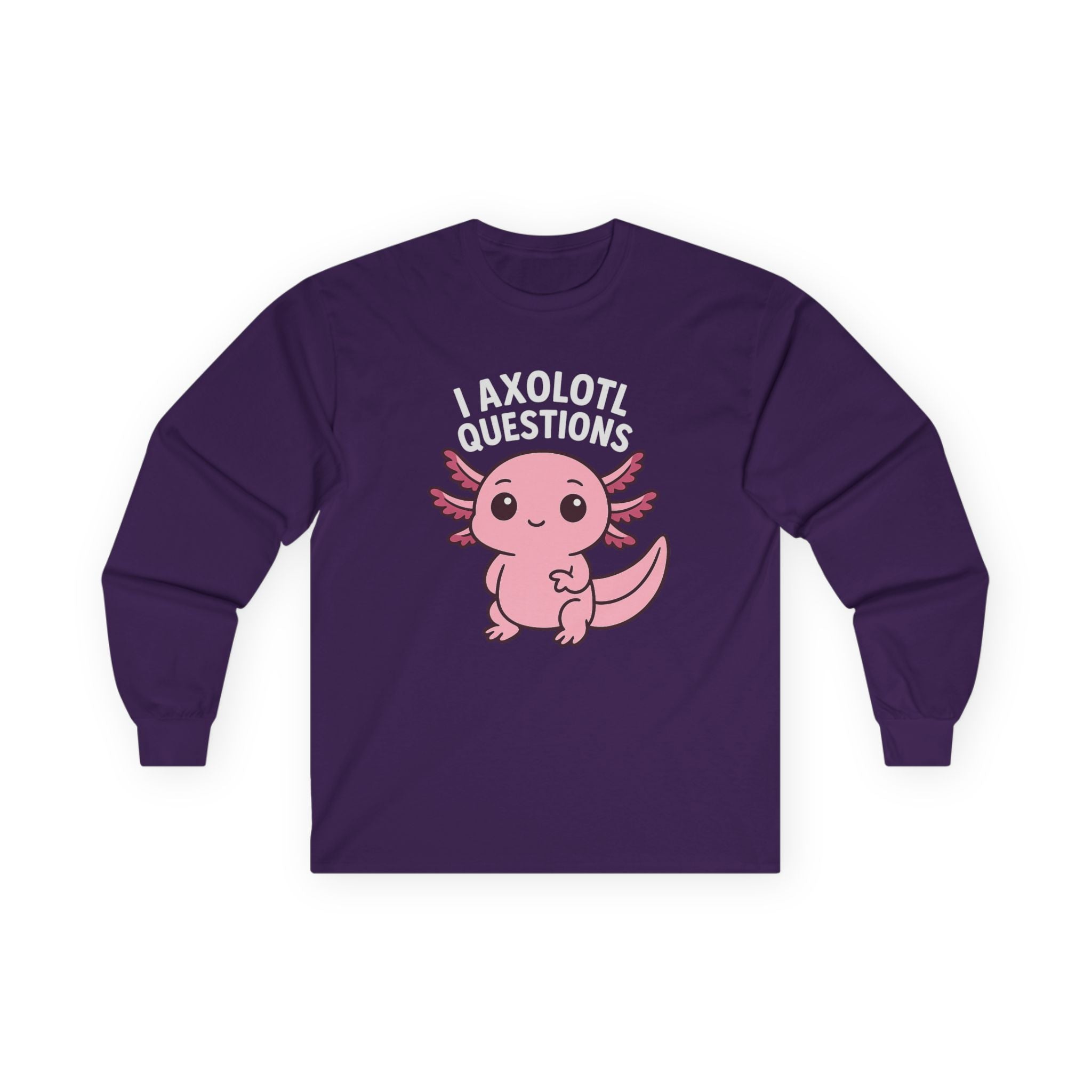 Cute Pink Axolotl Long Sleeve Tee — "I Axolotl Questions" Graphic Salamander Shirt - Adult
