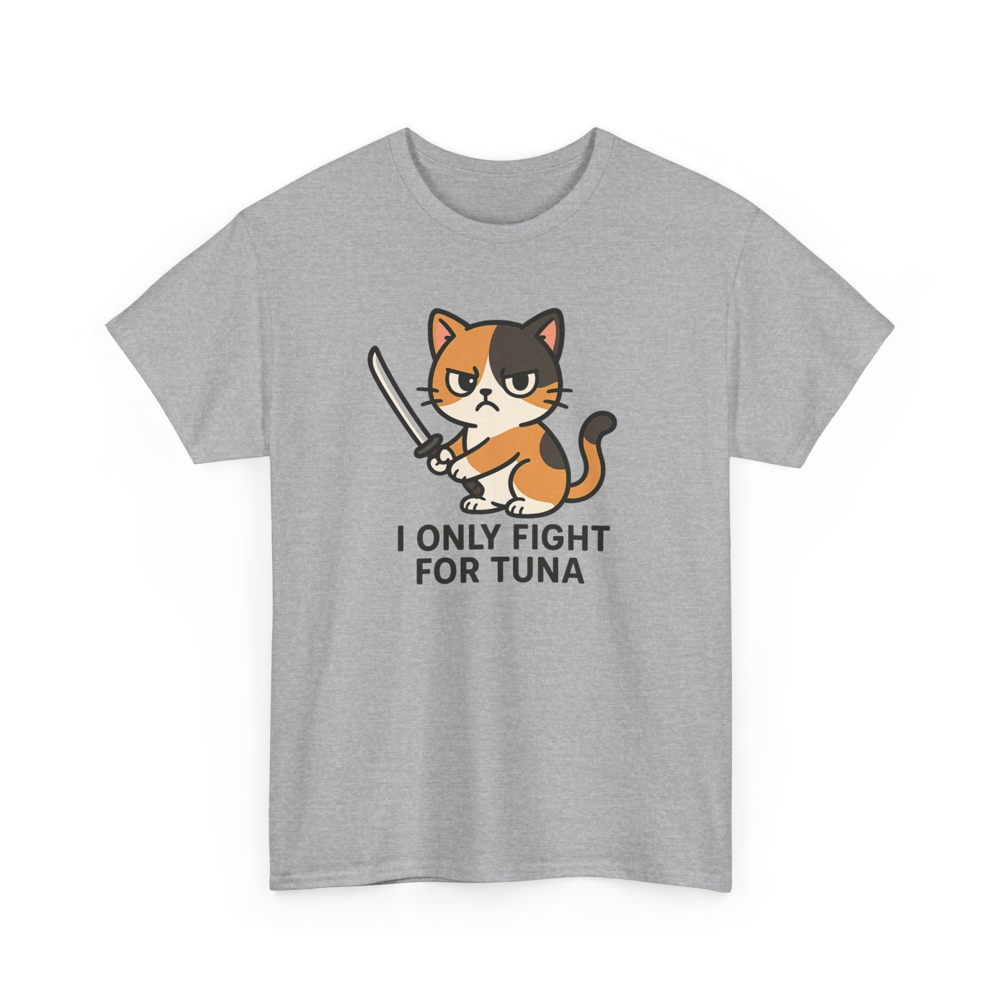 Cat Sword T-Shirt — "I Only Fight for Tuna" Cute Samurai Cat Tee - Adult