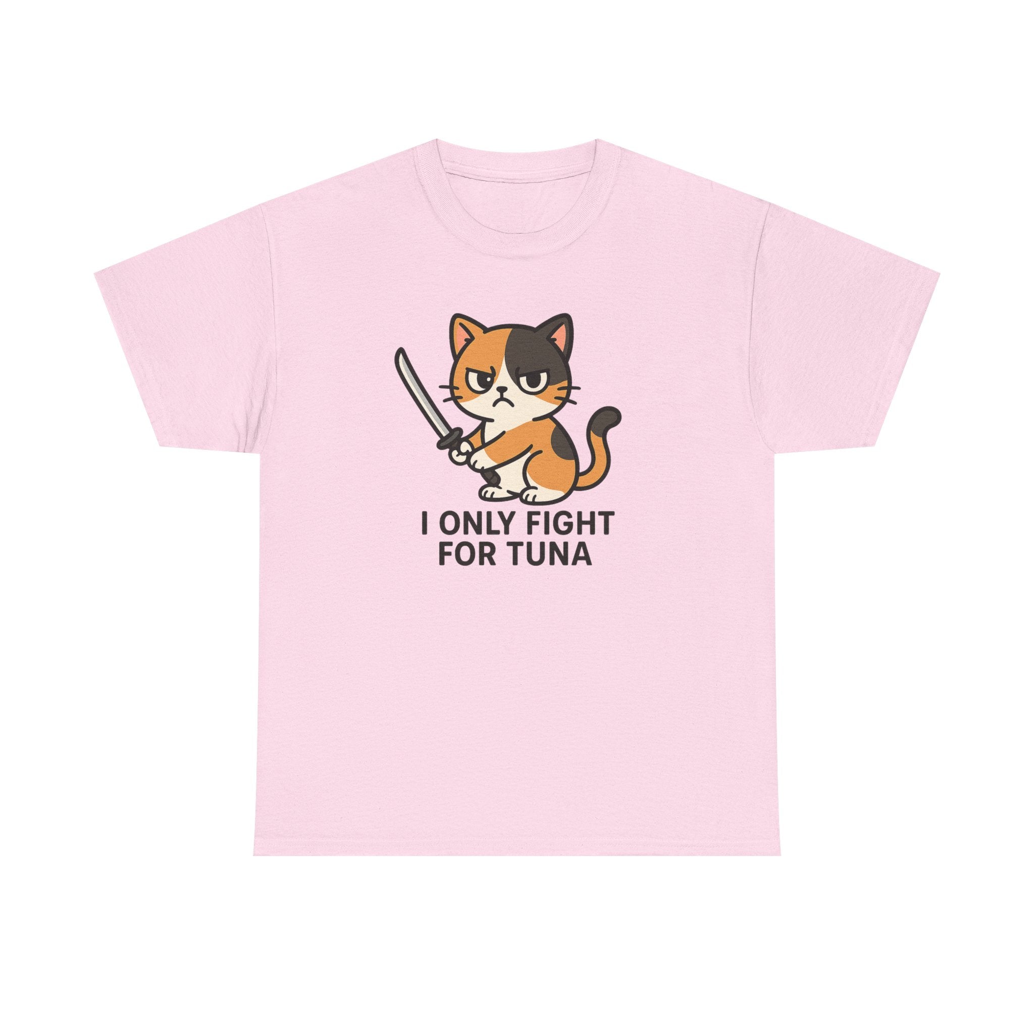 Cat Sword T-Shirt — "I Only Fight for Tuna" Cute Samurai Cat Tee - Adult