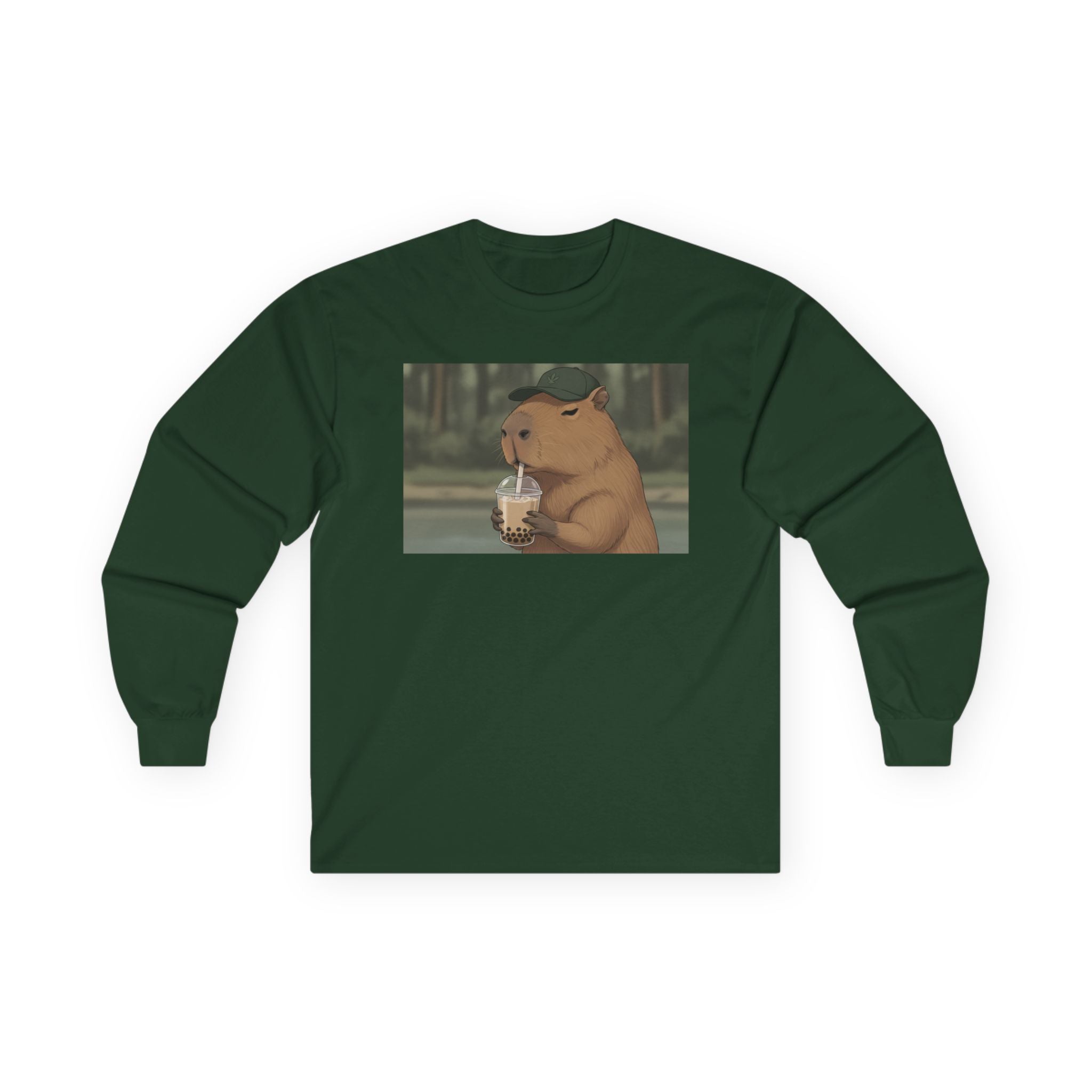 Capybara Drinking Boba Tea Long Sleeve Tee — Cozy Capybara Animal Graphic Shirt - Adult