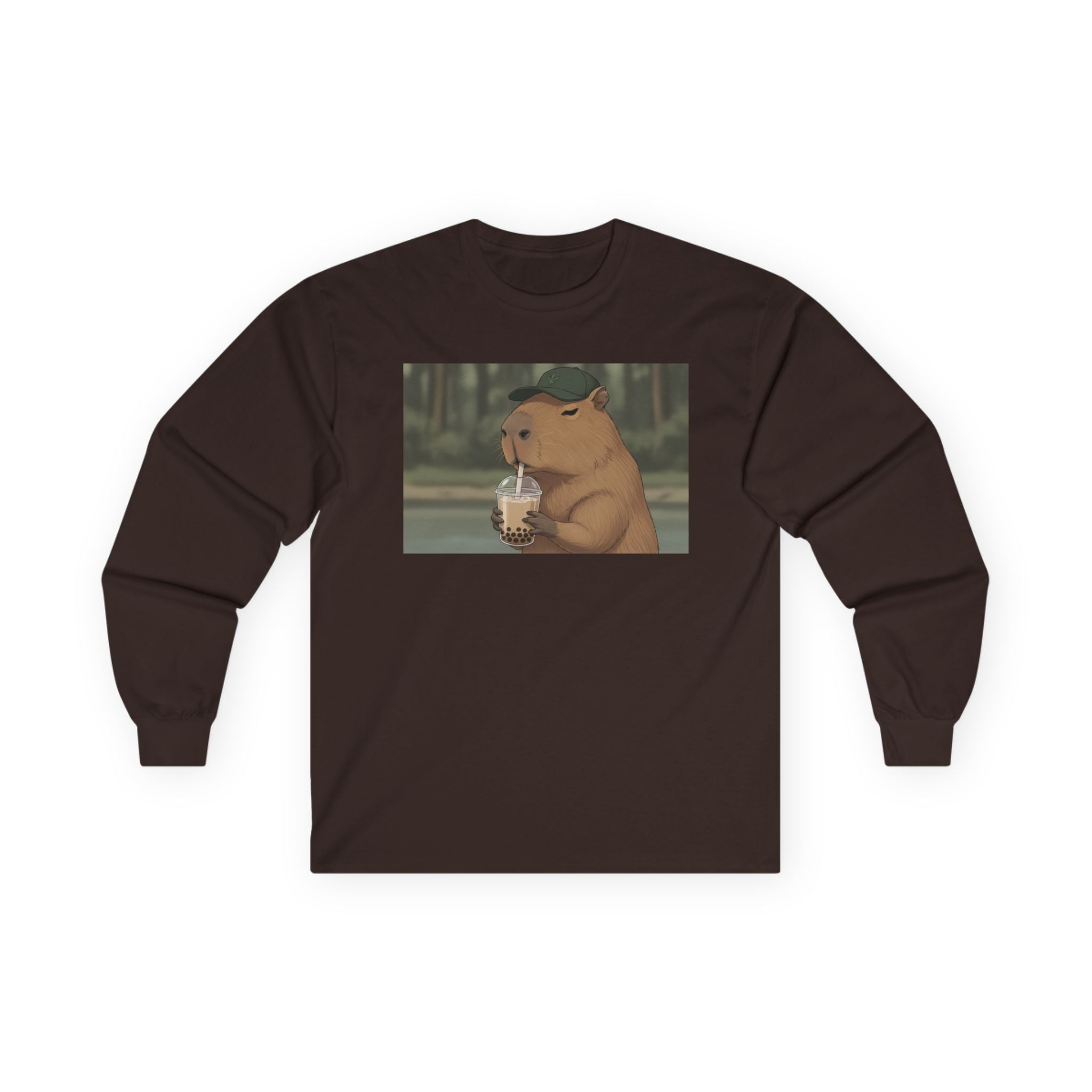 Capybara Drinking Boba Tea Long Sleeve Tee — Cozy Capybara Animal Graphic Shirt - Adult