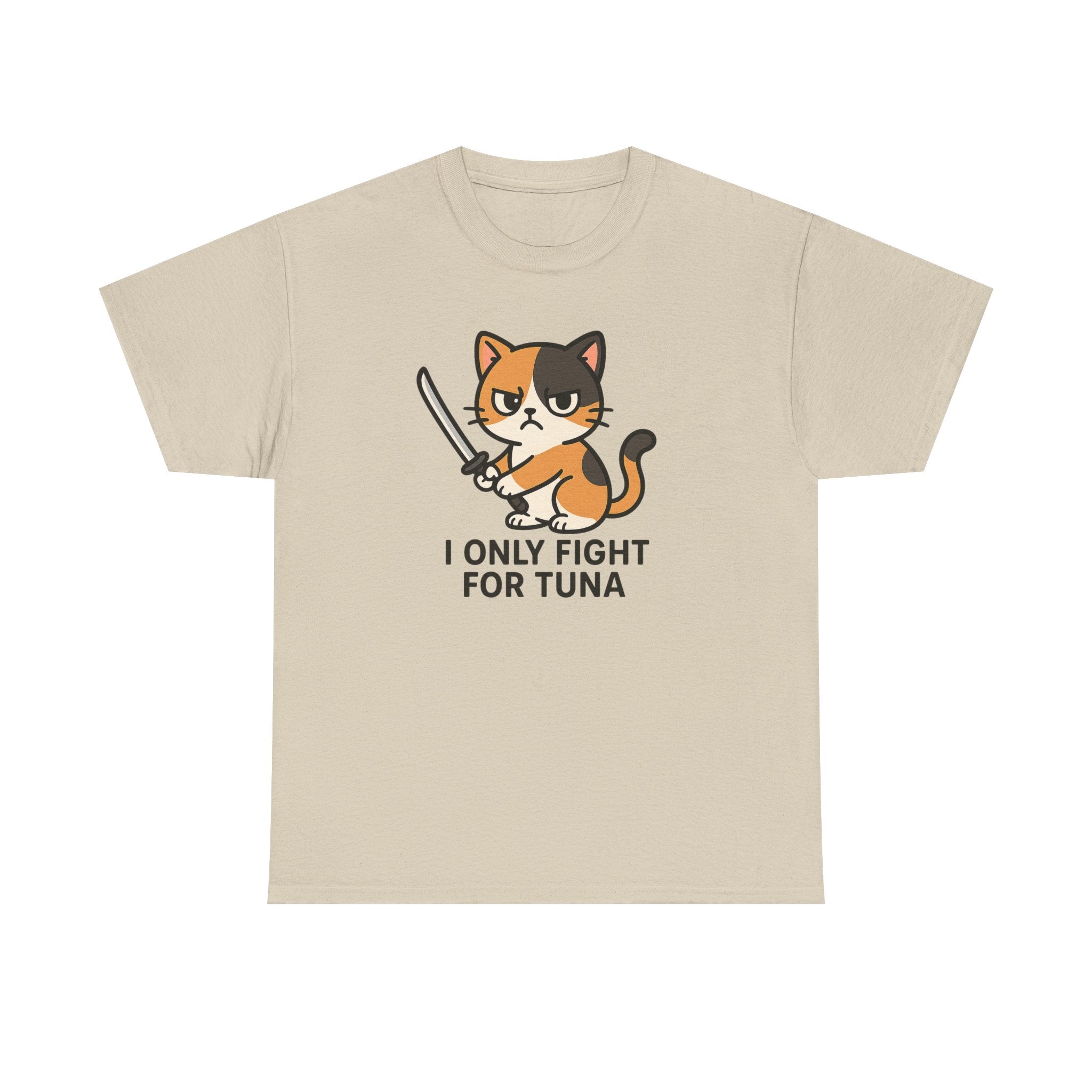 Cat Sword T-Shirt — "I Only Fight for Tuna" Cute Samurai Cat Tee - Adult