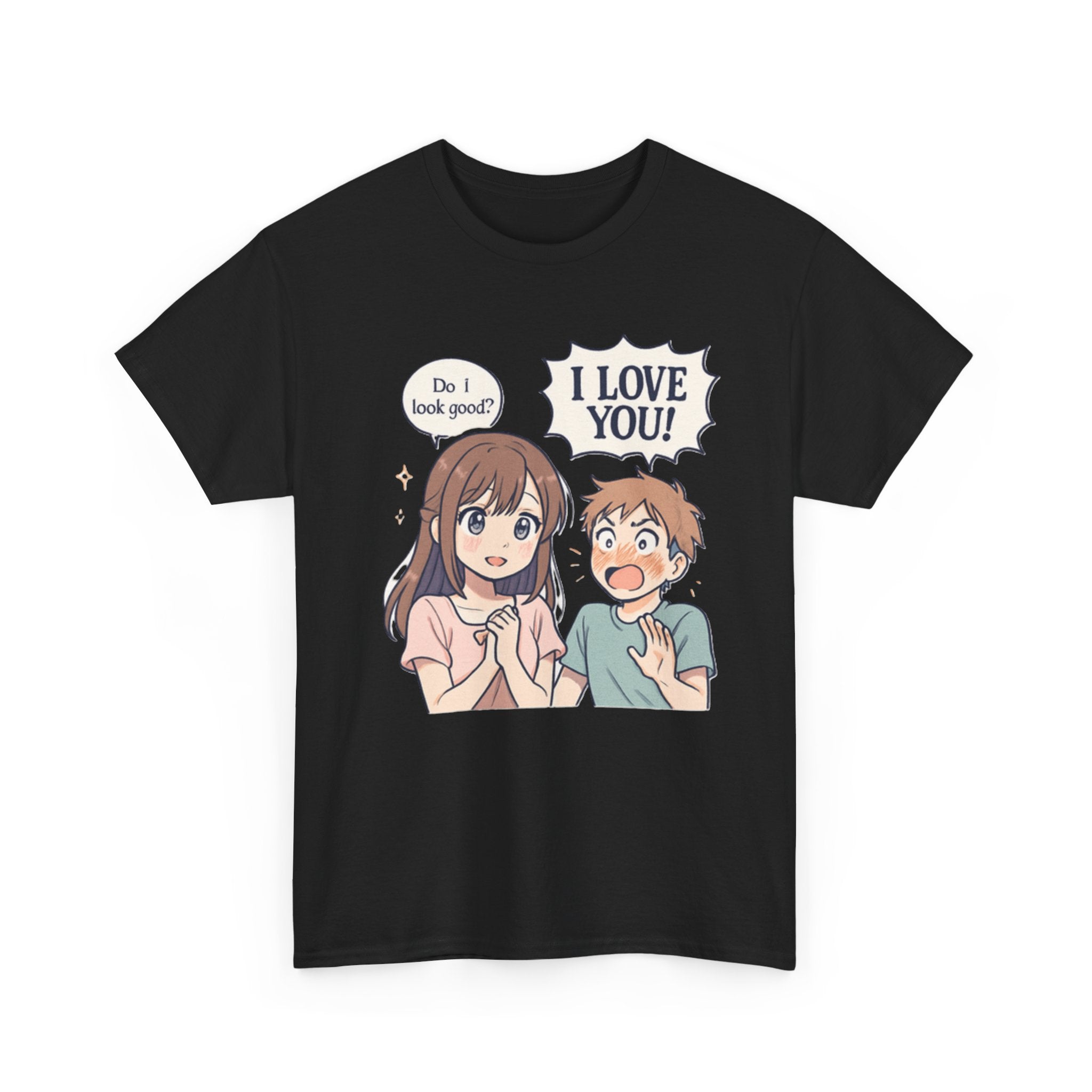 Anime Couple T‑Shirt — "Do I look good?" / "I Love You!" Cute Romance Tee - Adult