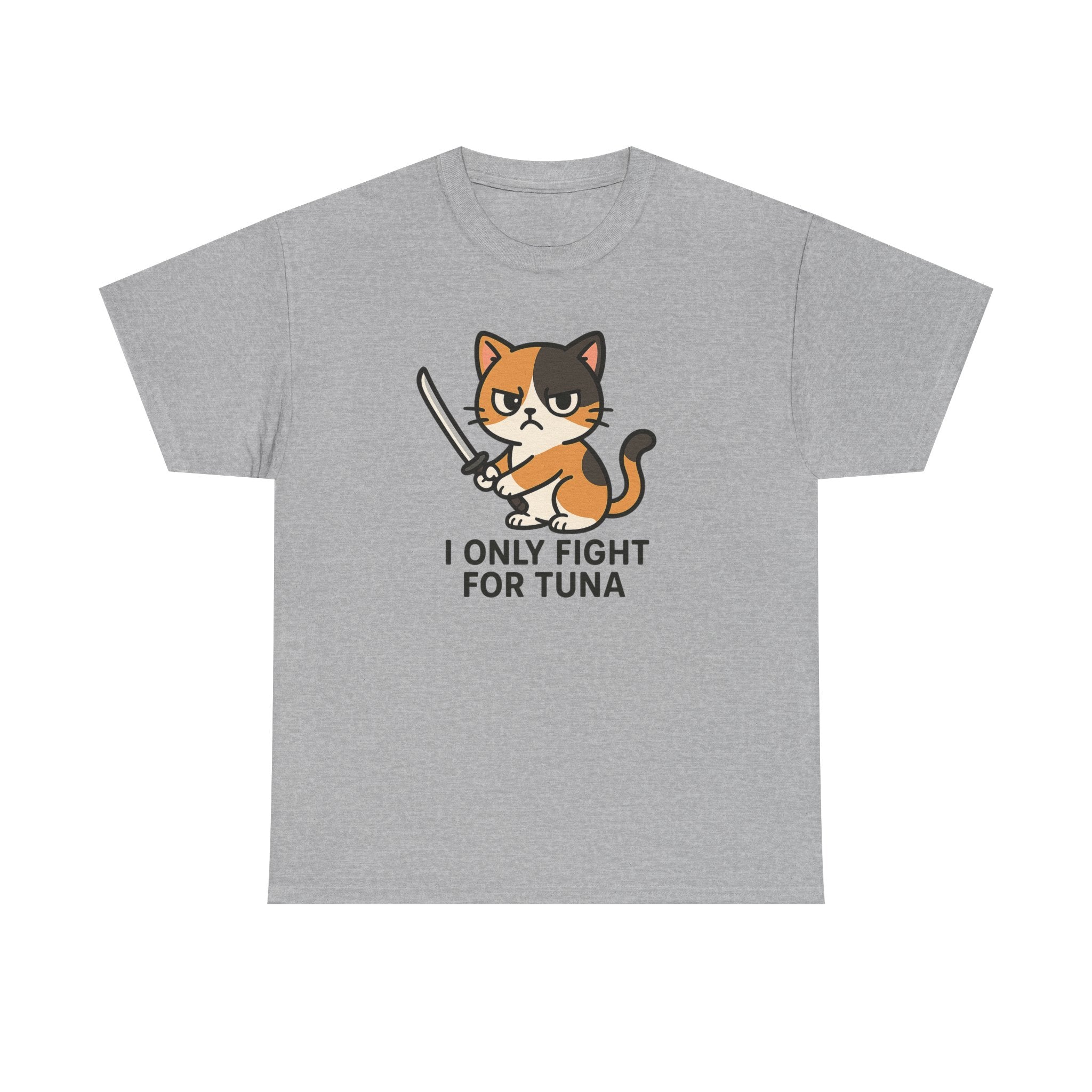 Cat Sword T-Shirt — "I Only Fight for Tuna" Cute Samurai Cat Tee - Adult