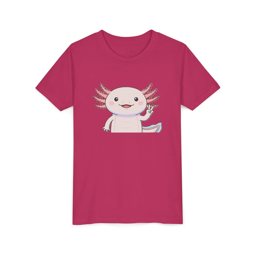 Kids Axolotl Throwing Peace Graphic Tee — Cute Pink Axolotl Salamander Youth T-Shirt - Kids