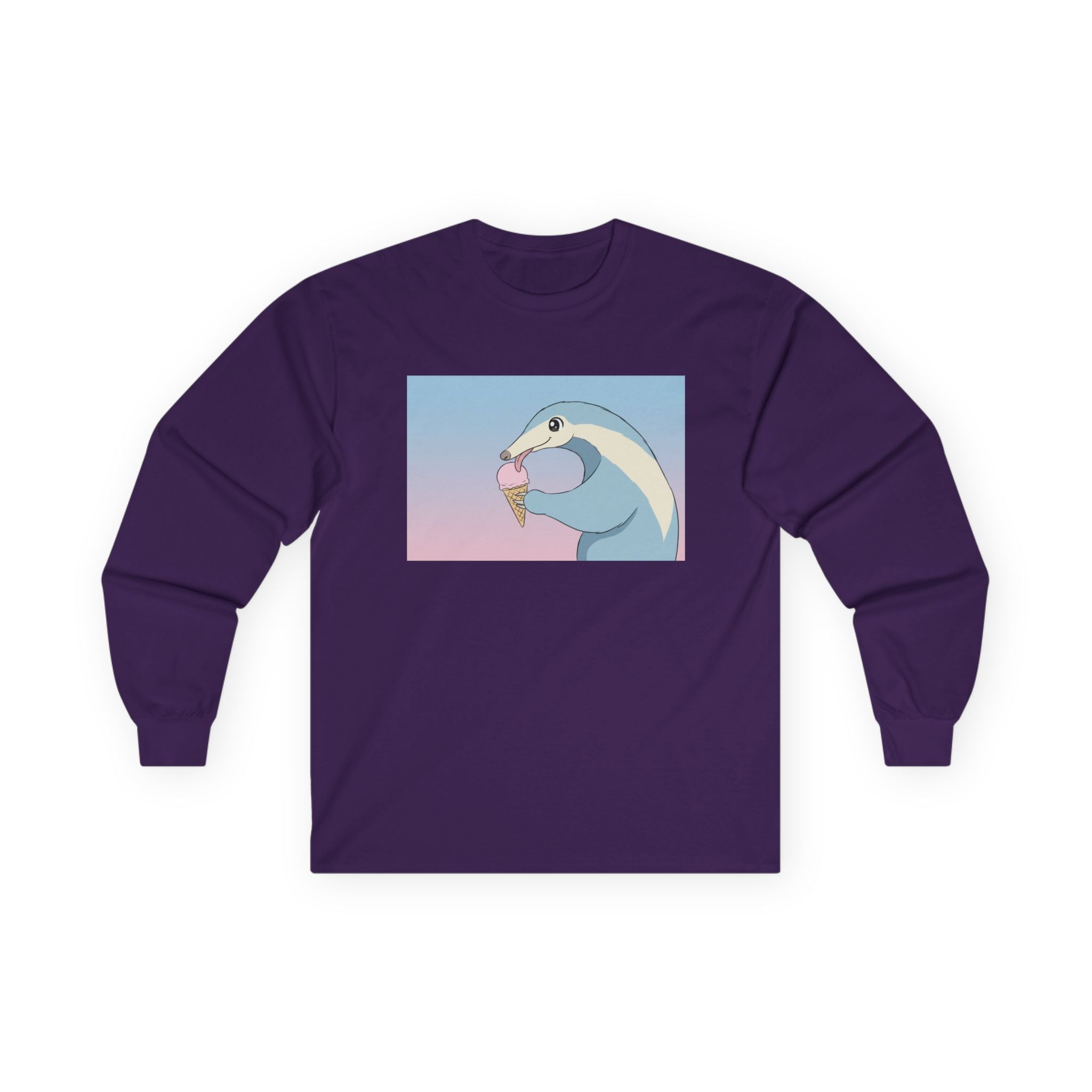 Anteater Eating Ice Cream Long Sleeve Tee — Cute Pastel Anteater Graphic Shirt - Adult