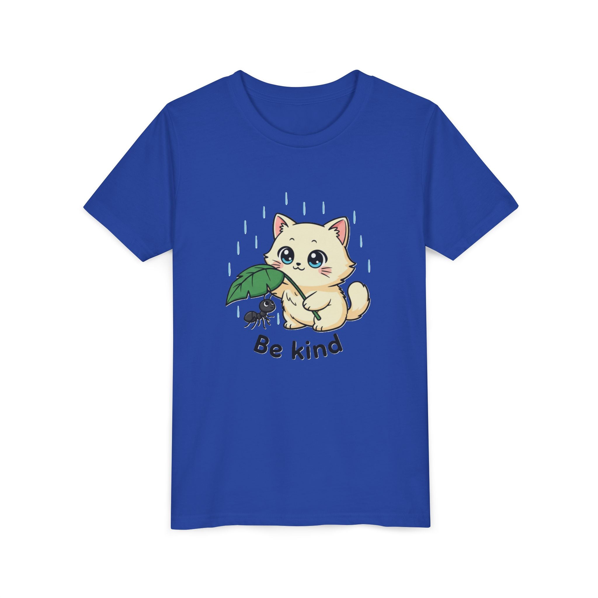 Youth Tee — Cute Kitten Holding Leak Umbrella over Ant with 'Be Kind' Message - Kids