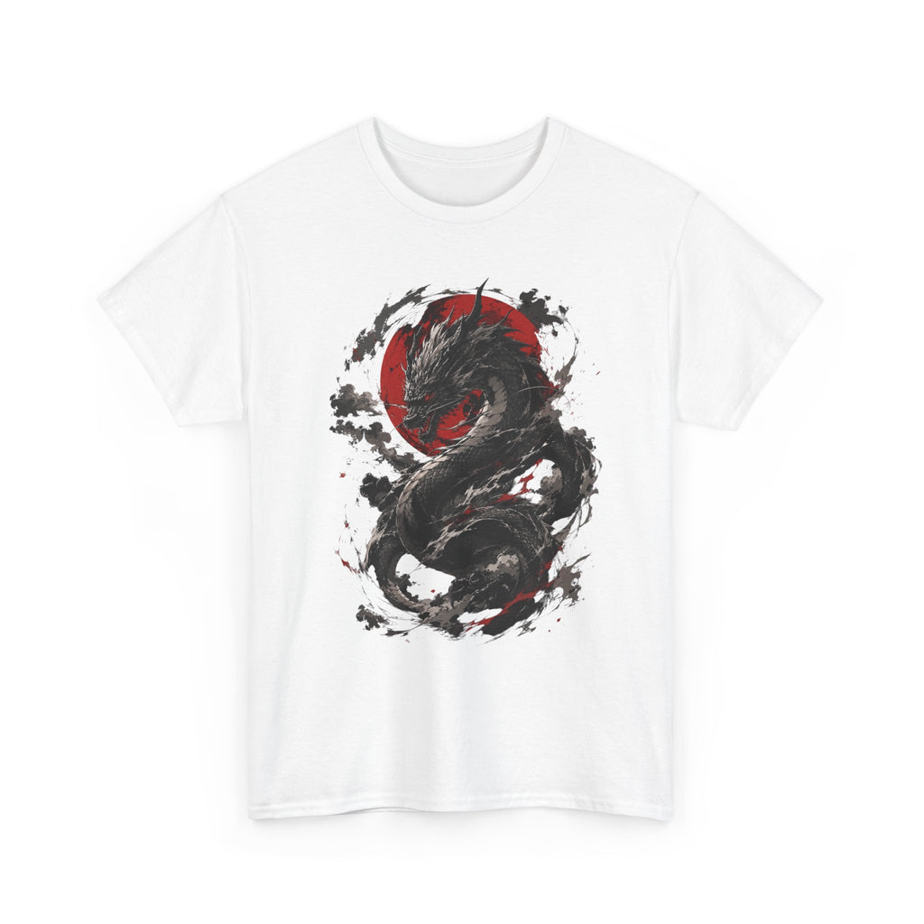 Dragon Moon T‑Shirt — Black Ink Serpent with Red Sun Graphic - Adult