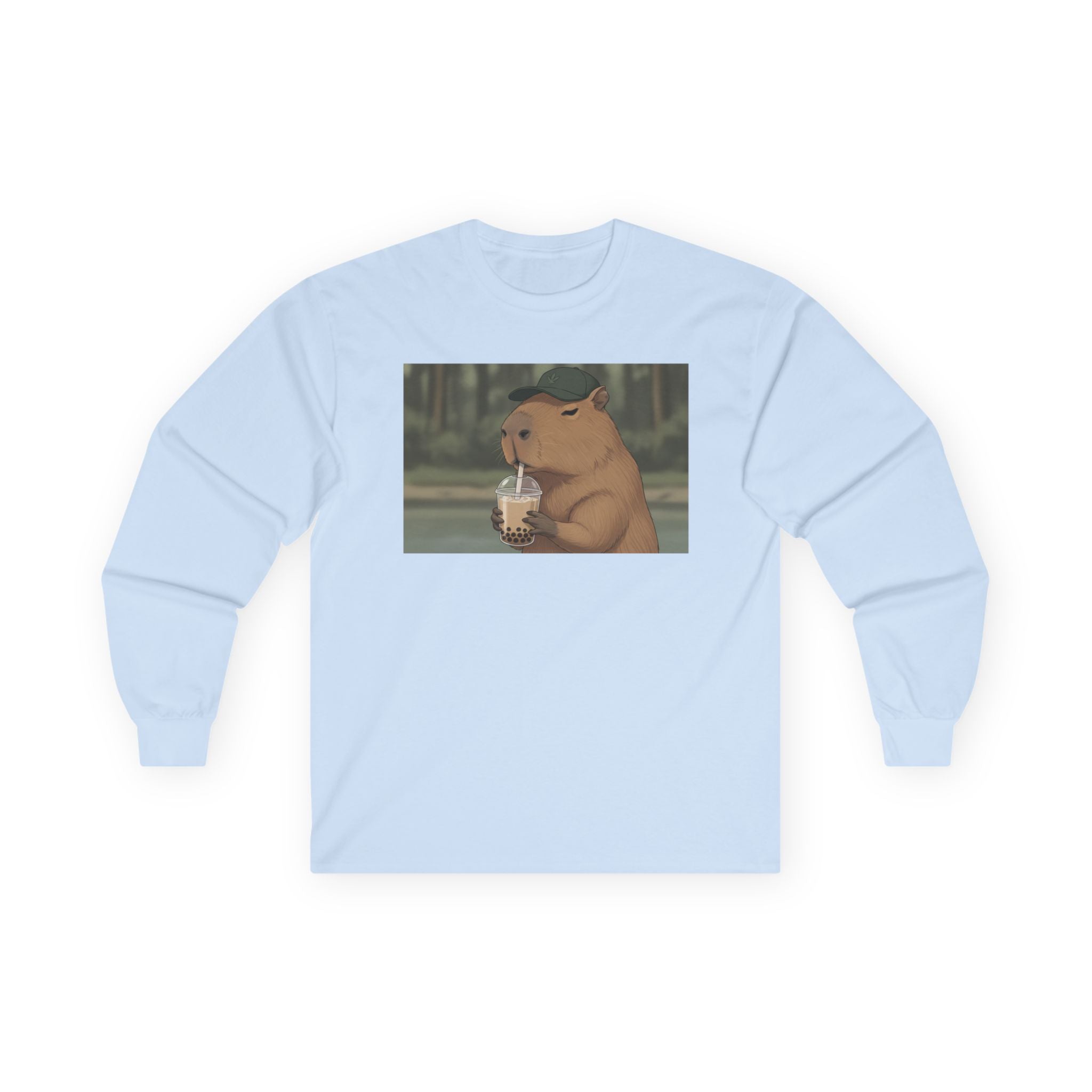 Capybara Drinking Boba Tea Long Sleeve Tee — Cozy Capybara Animal Graphic Shirt - Adult