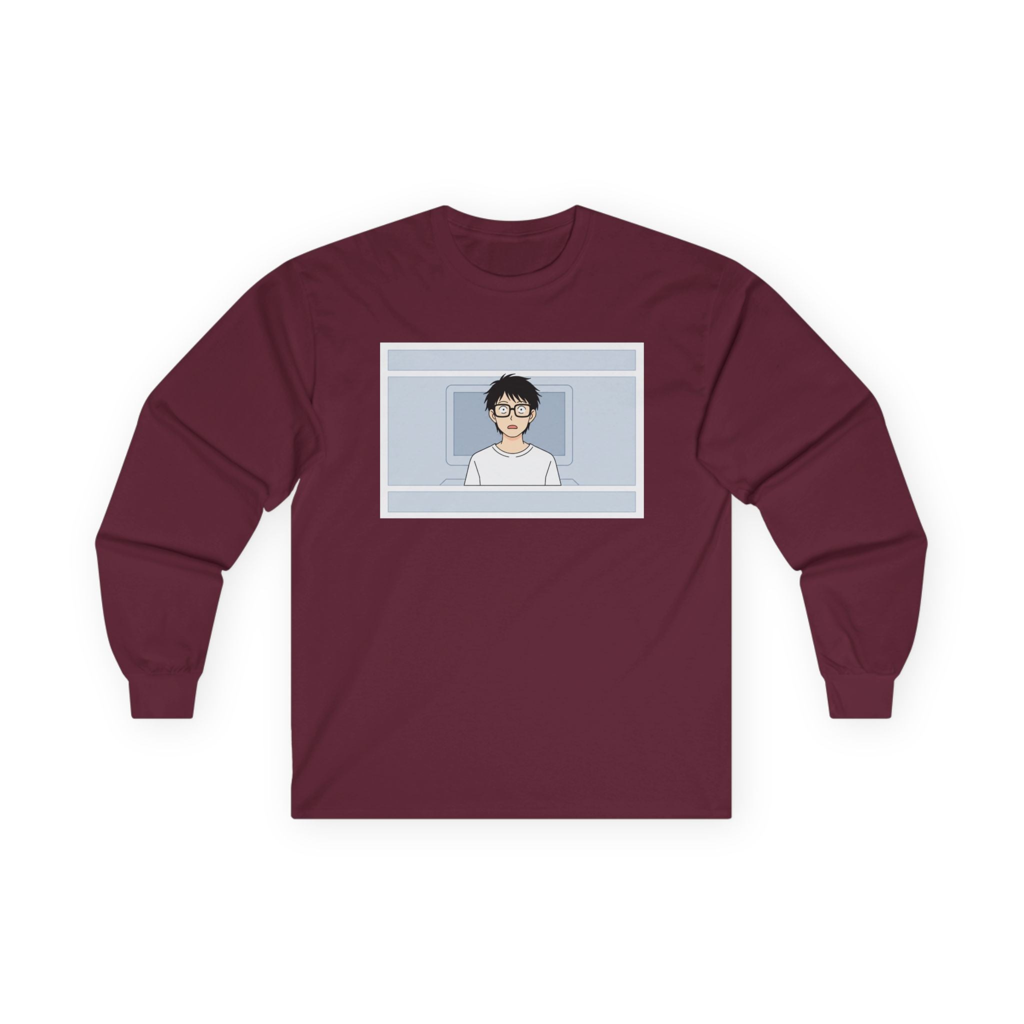 Clueless Otaku Guy Long Sleeve Tee — Minimalist Window Portrait Graphic - Adult