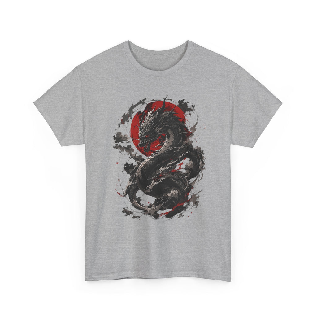 Dragon Moon T‑Shirt — Black Ink Serpent with Red Sun Graphic - Adult