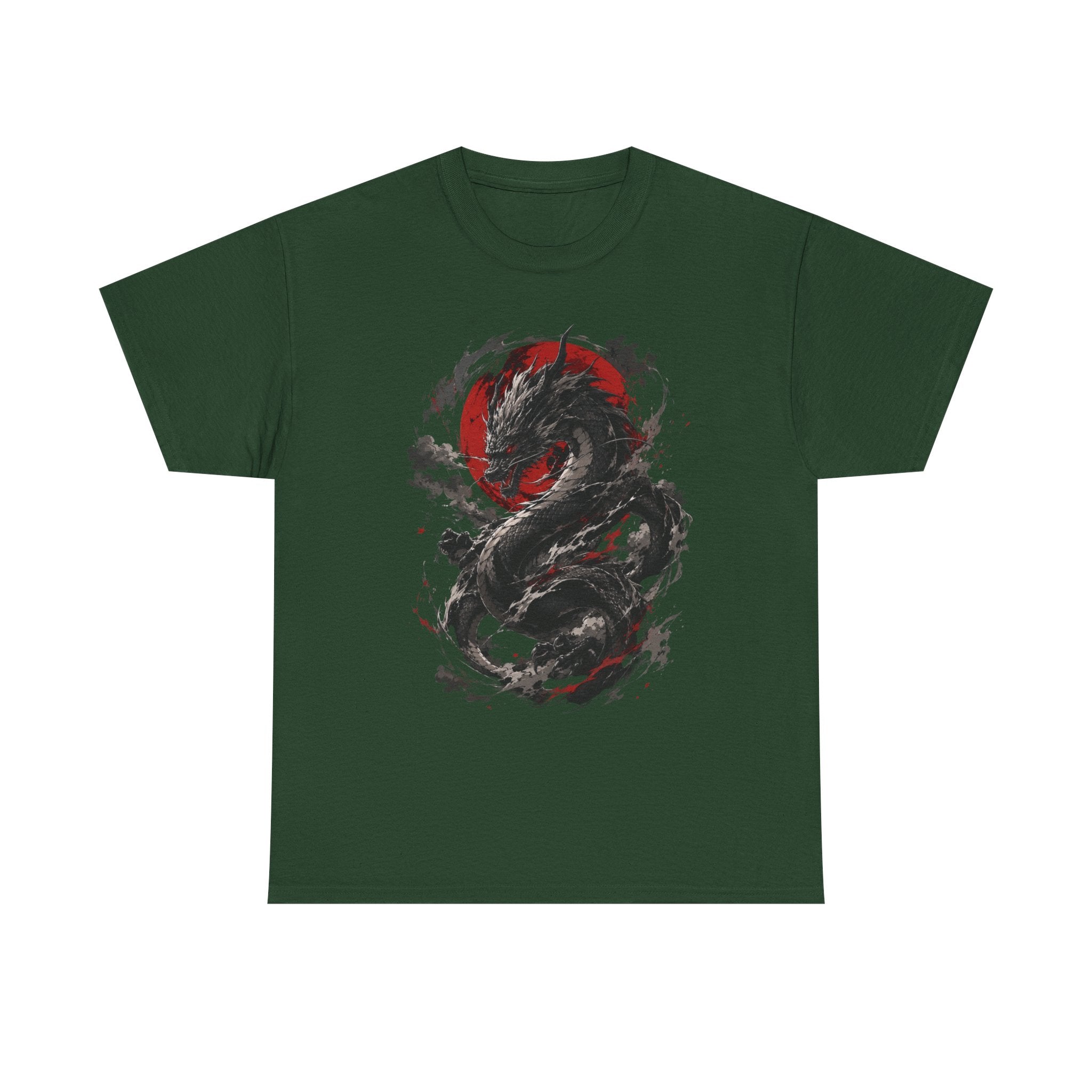 Dragon Moon T‑Shirt — Black Ink Serpent with Red Sun Graphic - Adult