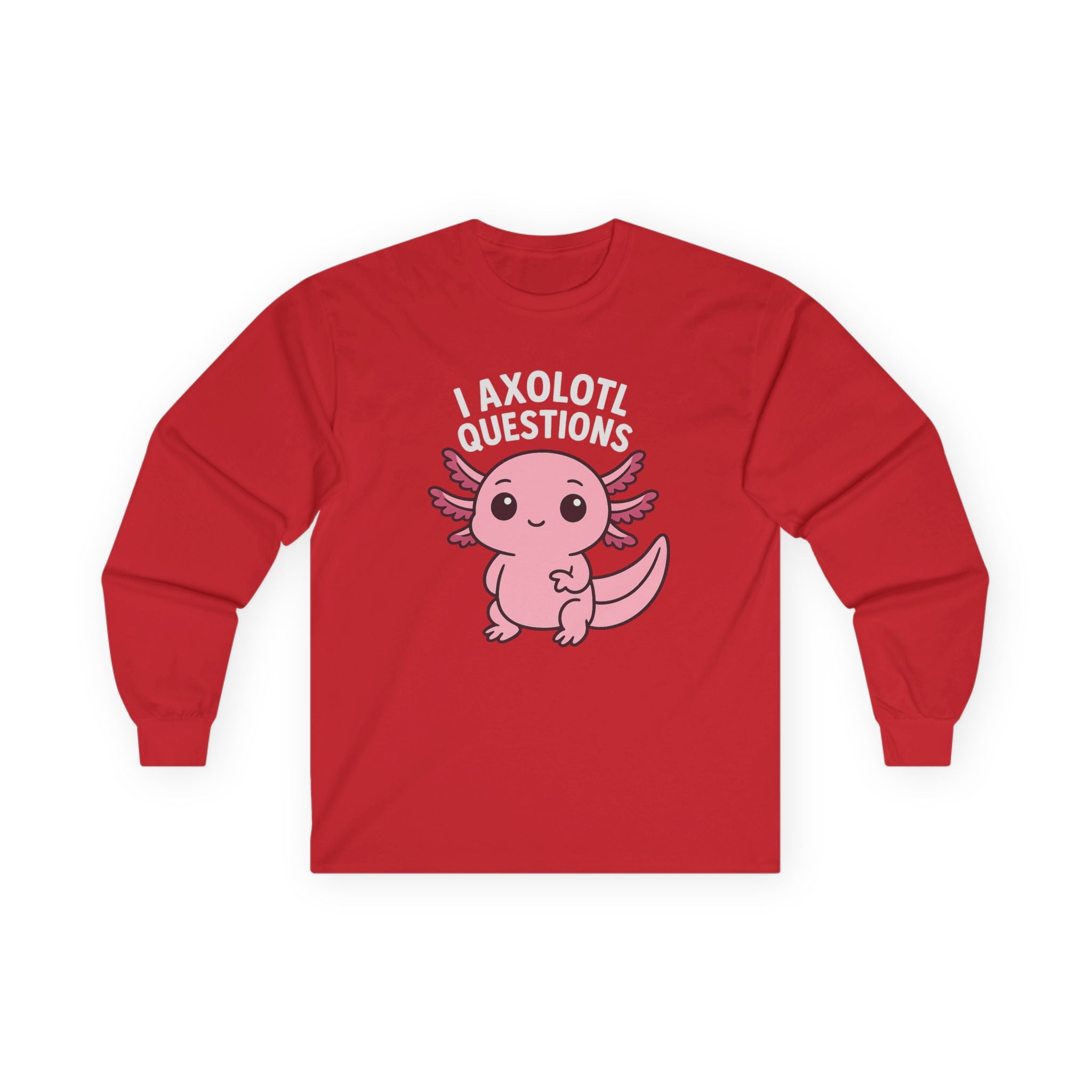 Cute Pink Axolotl Long Sleeve Tee — "I Axolotl Questions" Graphic Salamander Shirt - Adult