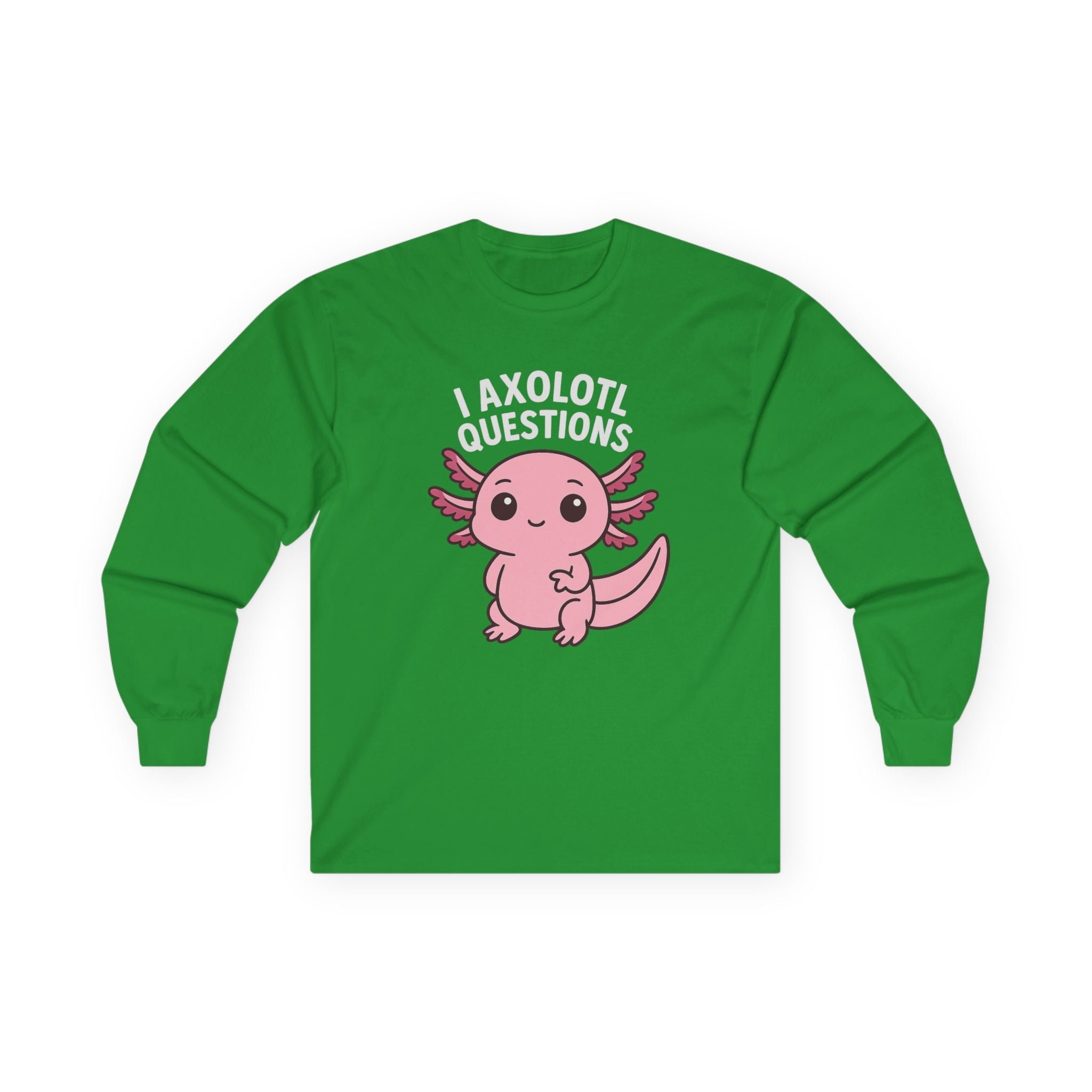 Cute Pink Axolotl Long Sleeve Tee — "I Axolotl Questions" Graphic Salamander Shirt - Adult