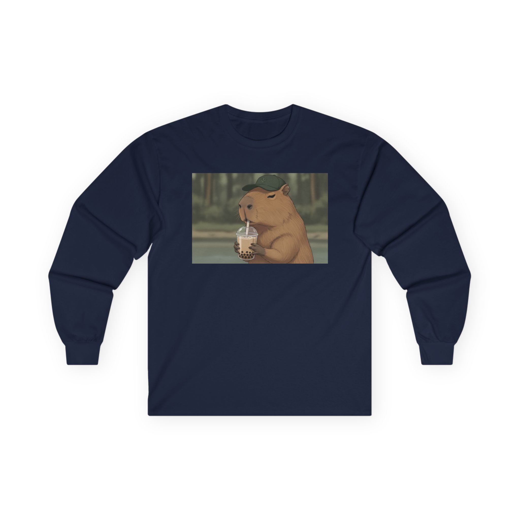 Capybara Drinking Boba Tea Long Sleeve Tee — Cozy Capybara Animal Graphic Shirt - Adult