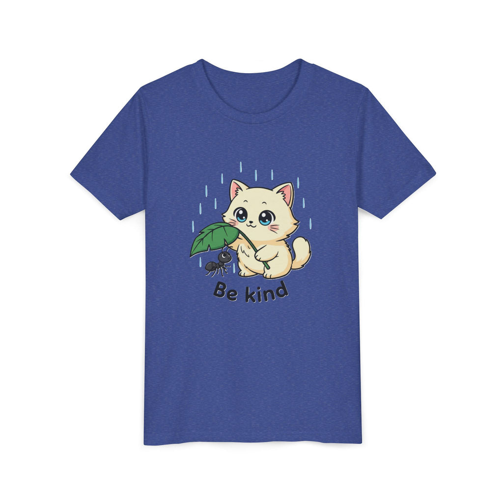 Youth Tee — Cute Kitten Holding Leak Umbrella over Ant with 'Be Kind' Message - Kids